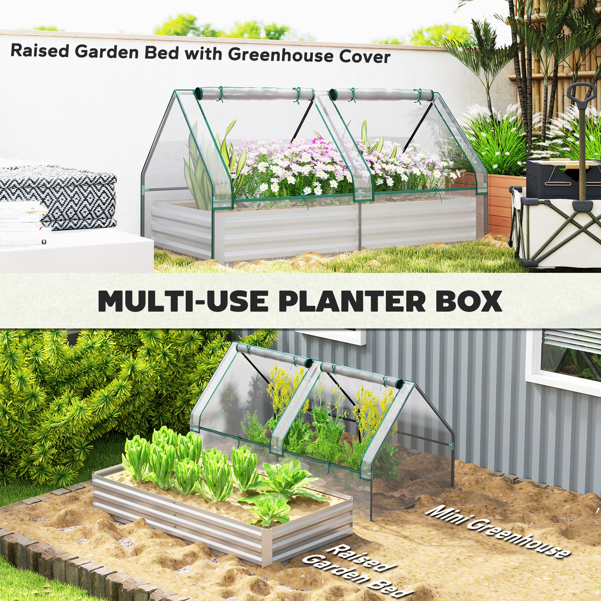 Outsunny 6' x 3' Metal Planter Box with 2 Roll-Up Windows, Raised Garden Bed with Mini Greenhouse for Herbs, Vegetables, Clear and Silver