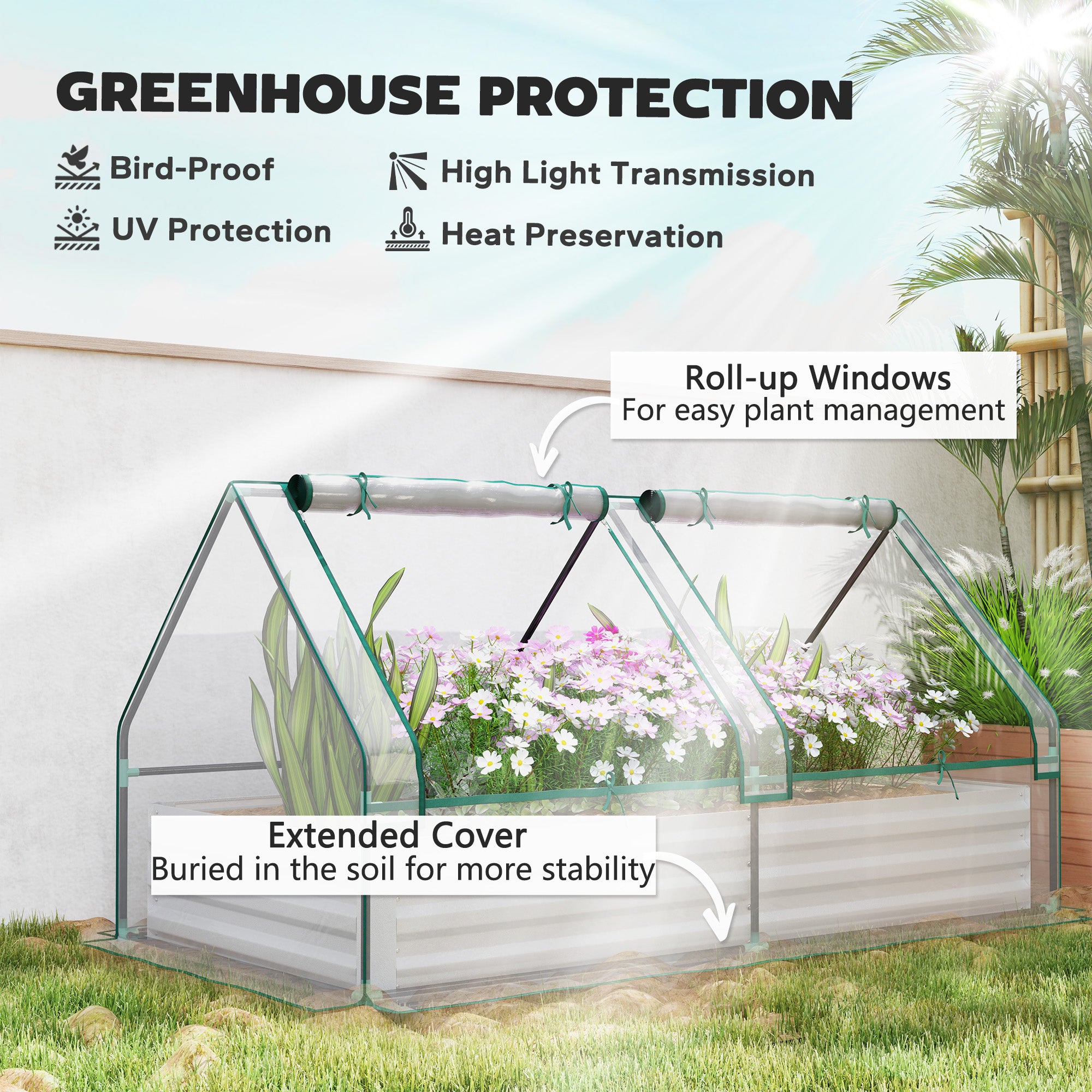 Outsunny 6' x 3' Metal Planter Box with 2 Roll-Up Windows, Raised Garden Bed with Mini Greenhouse for Herbs, Vegetables, Clear and Silver