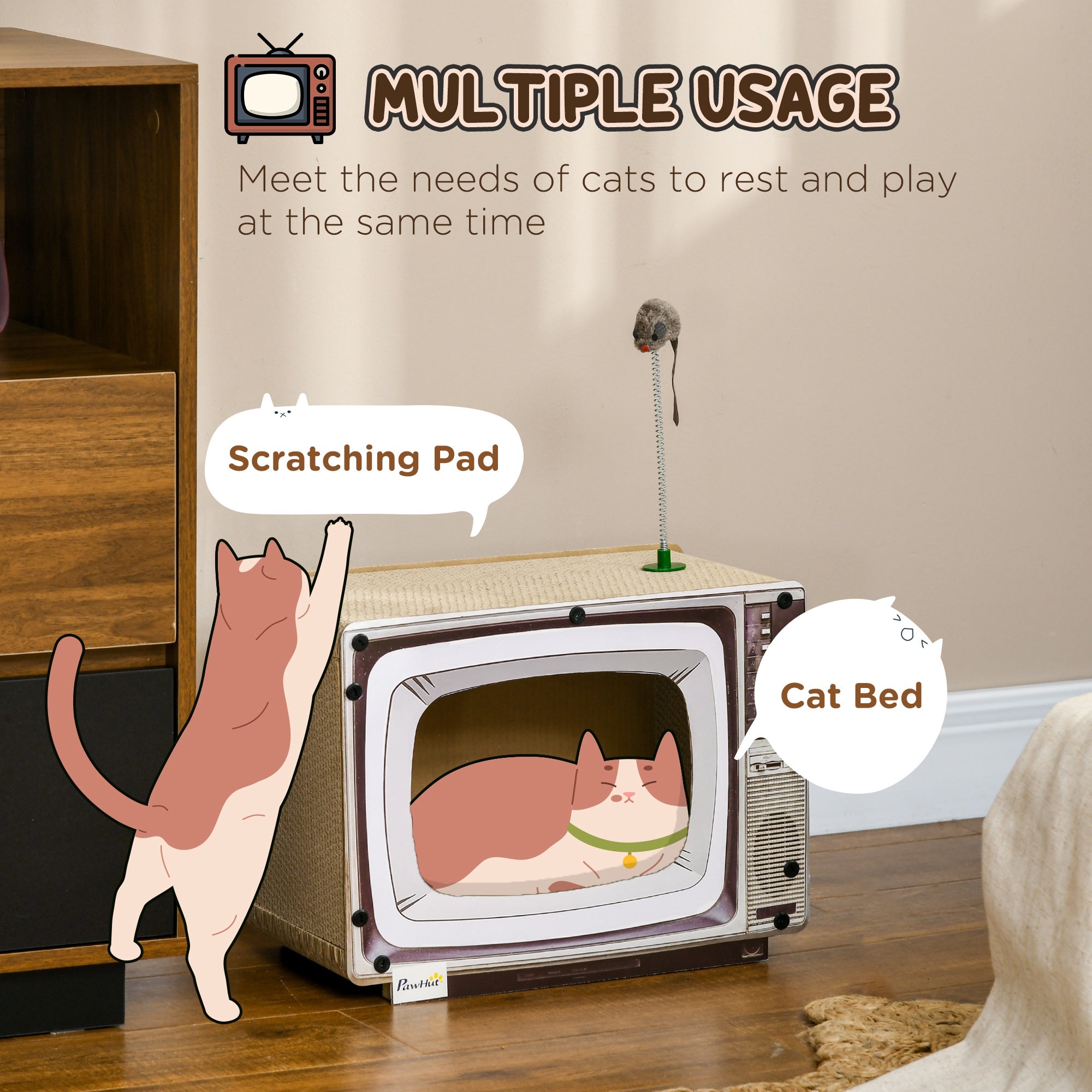 PawHut Cardboard Cat House with Scratcher, Catnip, TV-Shaped Cat Play House with Toy Mouse for Indoor Cats