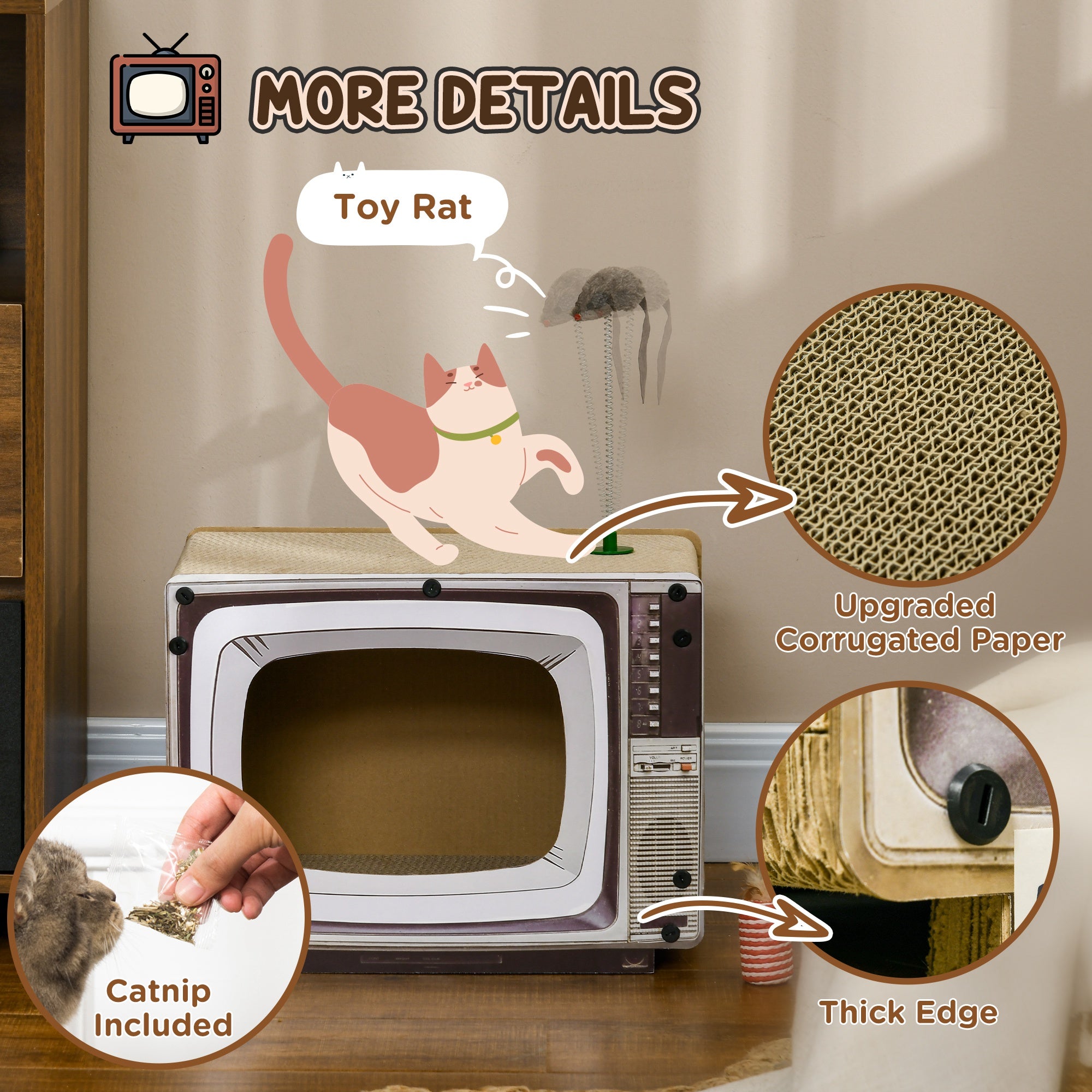 PawHut Cardboard Cat House with Scratcher, Catnip, TV-Shaped Cat Play House with Toy Mouse for Indoor Cats