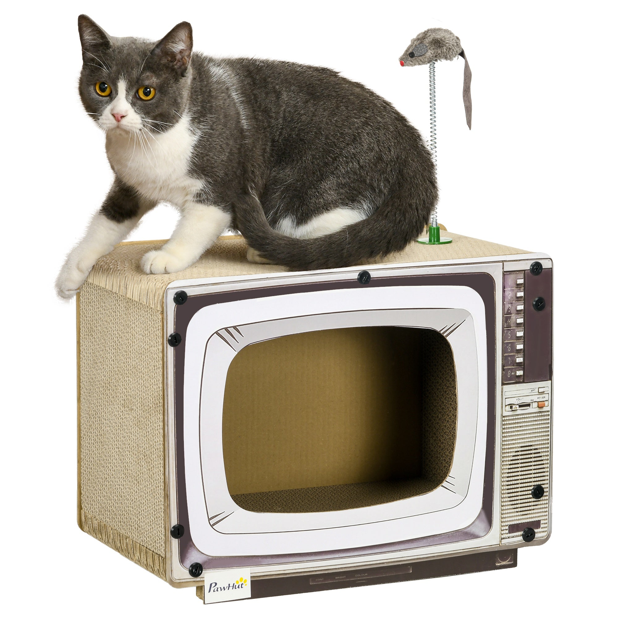 PawHut Cardboard Cat House with Scratcher, Catnip, TV-Shaped Cat Play House with Toy Mouse for Indoor Cats