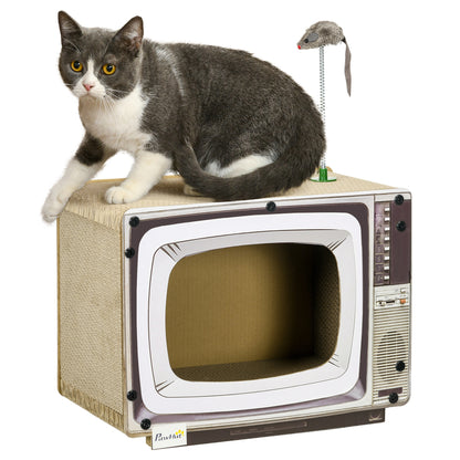 PawHut Cardboard Cat House with Scratcher, Catnip, TV-Shaped Cat Play House with Toy Mouse for Indoor Cats