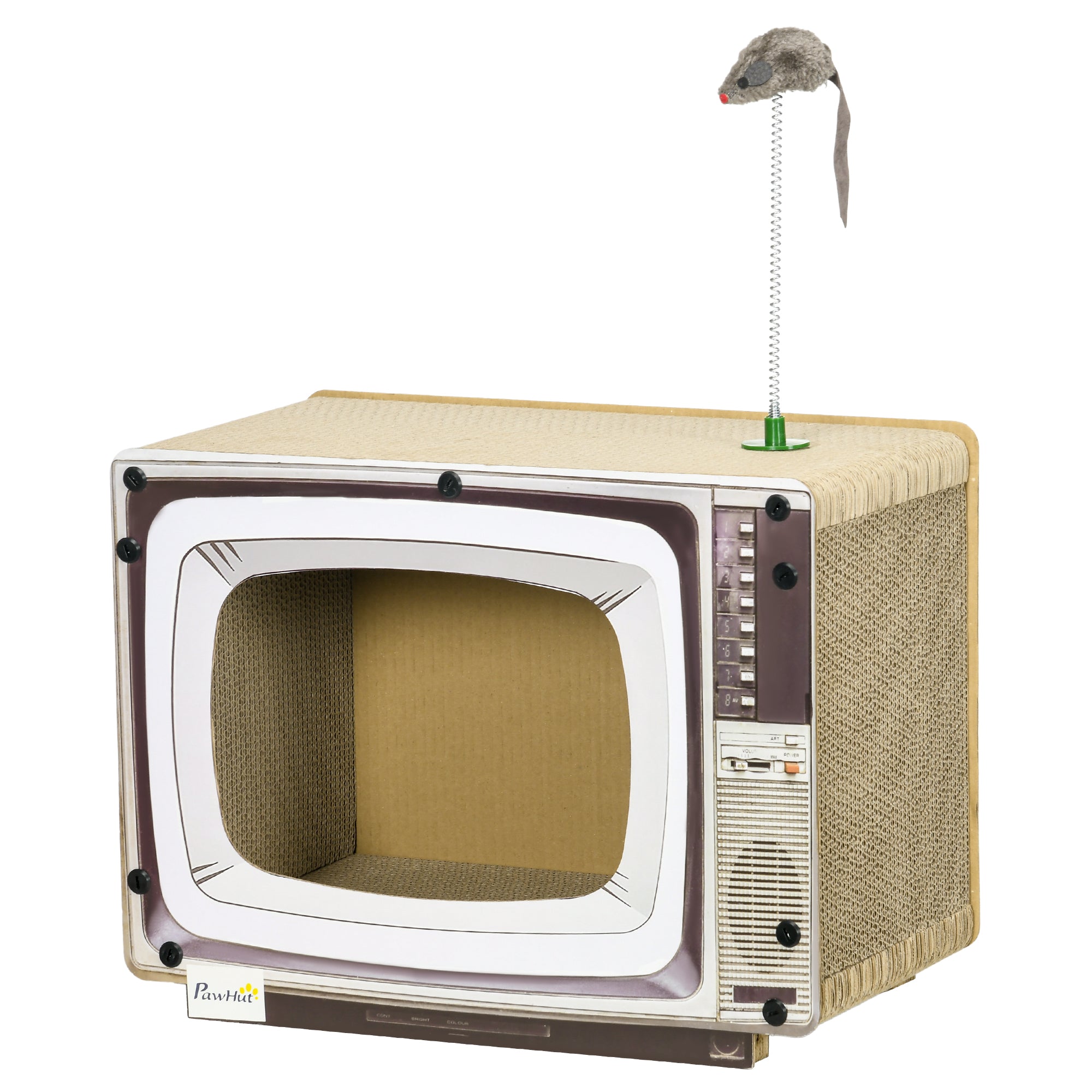 PawHut Cardboard Cat House with Scratcher, Catnip, TV-Shaped Cat Play House with Toy Mouse for Indoor Cats