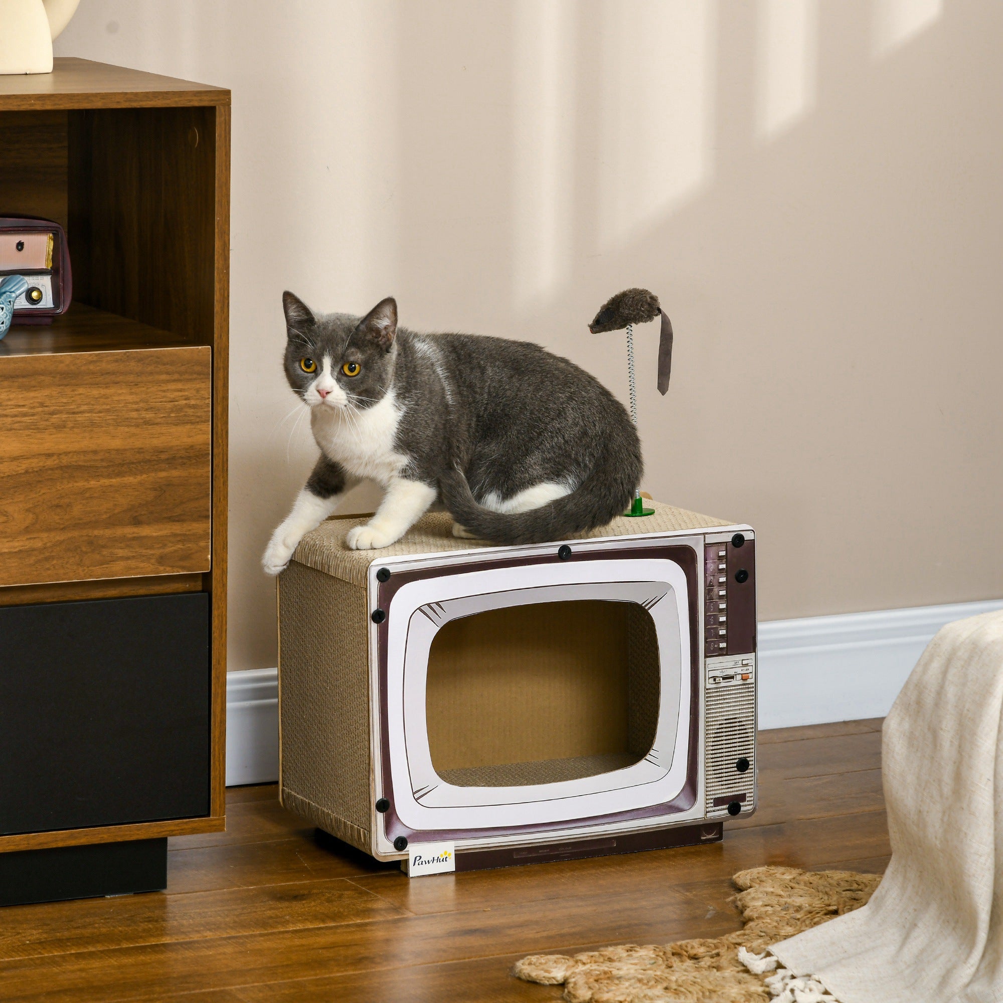 PawHut Cardboard Cat House with Scratcher, Catnip, TV-Shaped Cat Play House with Toy Mouse for Indoor Cats