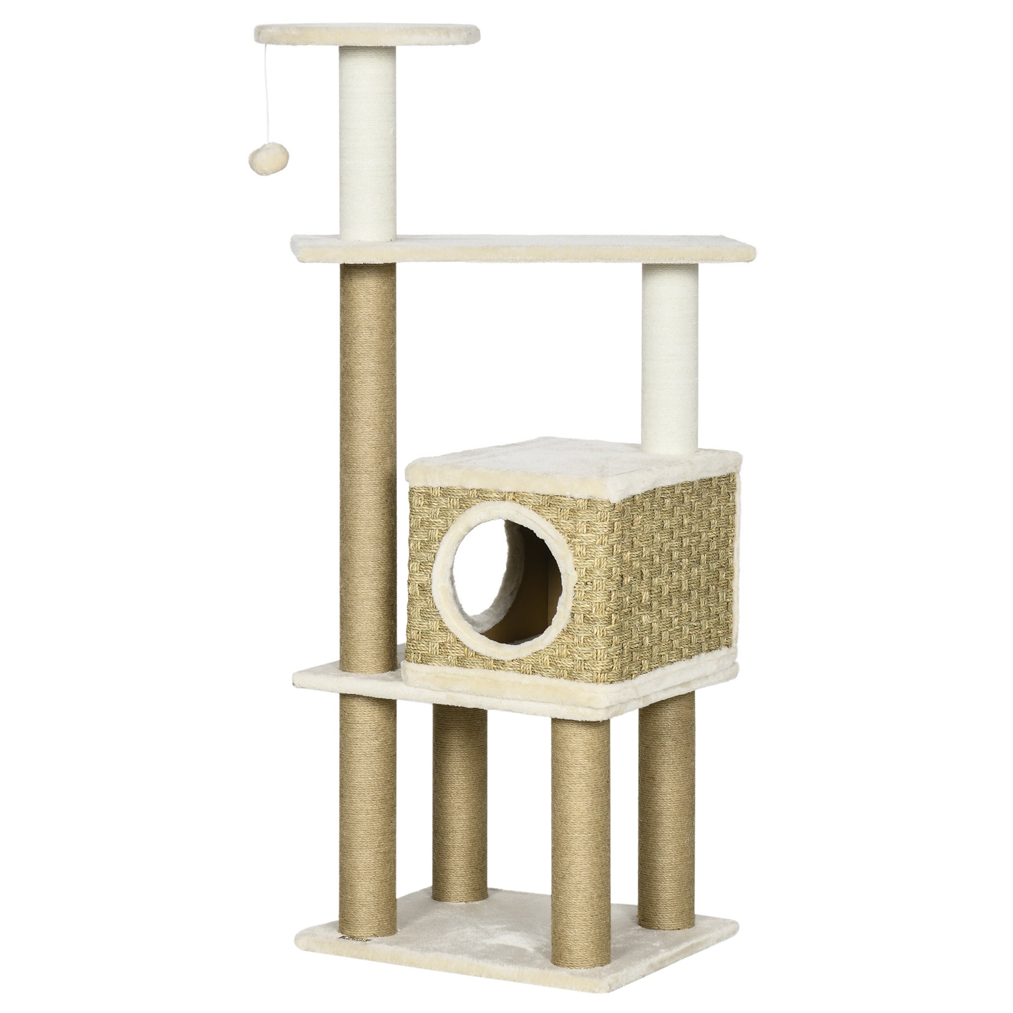 PawHut Cat Tree Climbing Kitten Tower Activity Centre for Indoor Cats w/ Jute Scratching Post, Cat House, Kitten Stand, Hanging Toy Ball - Beige