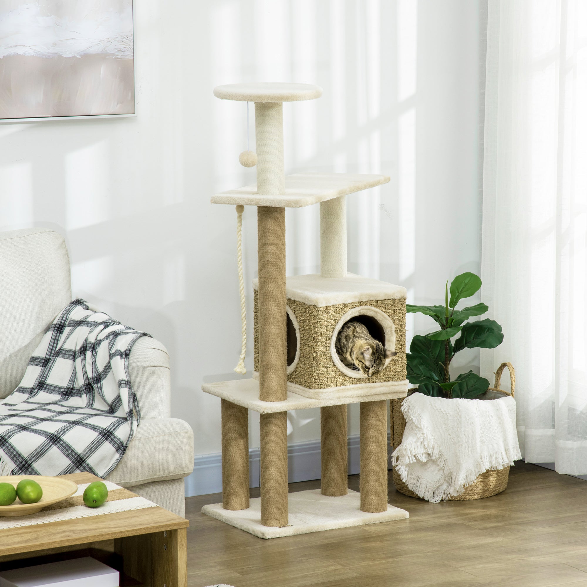 PawHut Cat Tree Climbing Kitten Tower Activity Centre for Indoor Cats w/ Jute Scratching Post, Cat House, Kitten Stand, Hanging Toy Ball - Beige