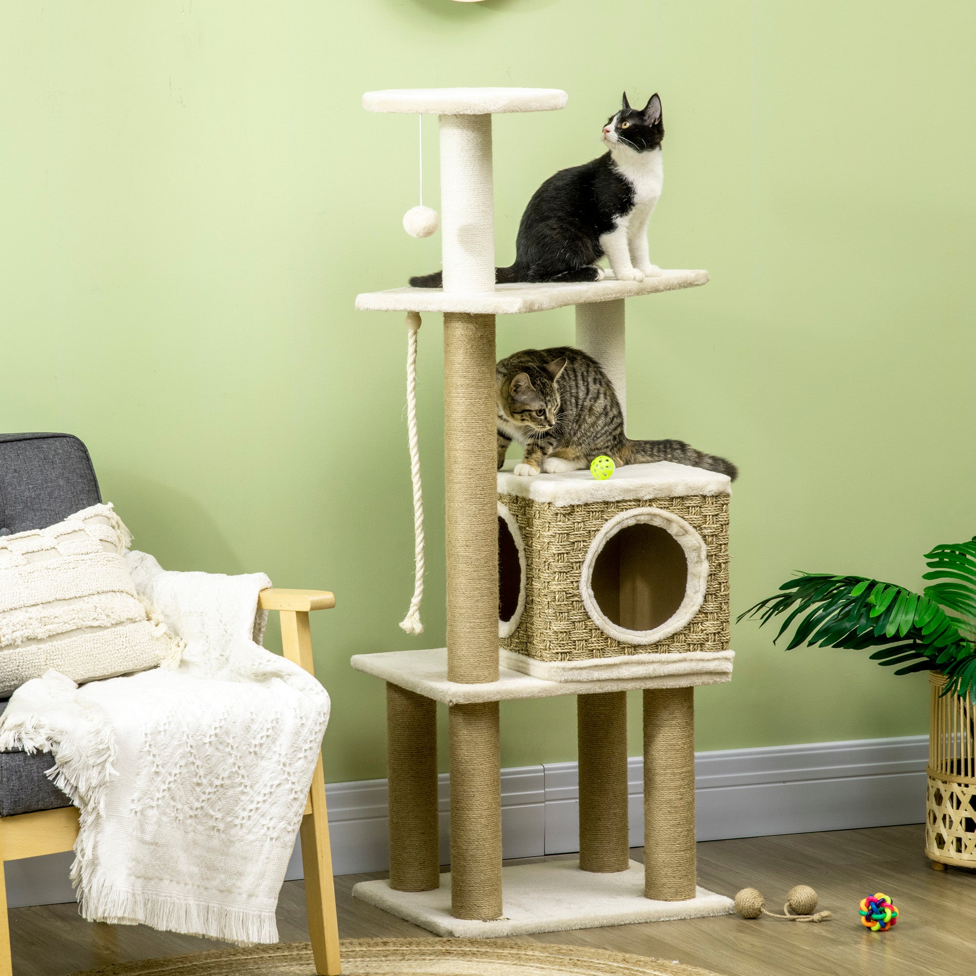 PawHut Cat Tree Climbing Kitten Tower Activity Centre for Indoor Cats w/ Jute Scratching Post, Cat House, Kitten Stand, Hanging Toy Ball - Beige