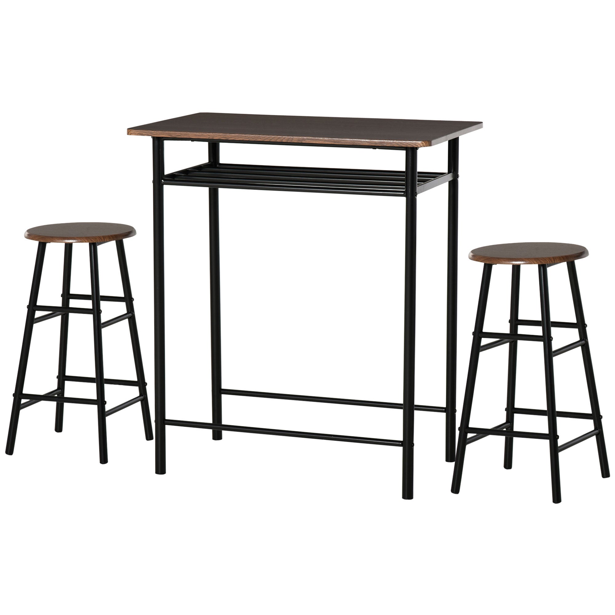 HOMCOM 3 Piece Counter Height Bar Table Set with 1 Table, 2 Matching Stools, Dining Table Set with Storage Shelf and Metal Frame Footrest, Black and Oak