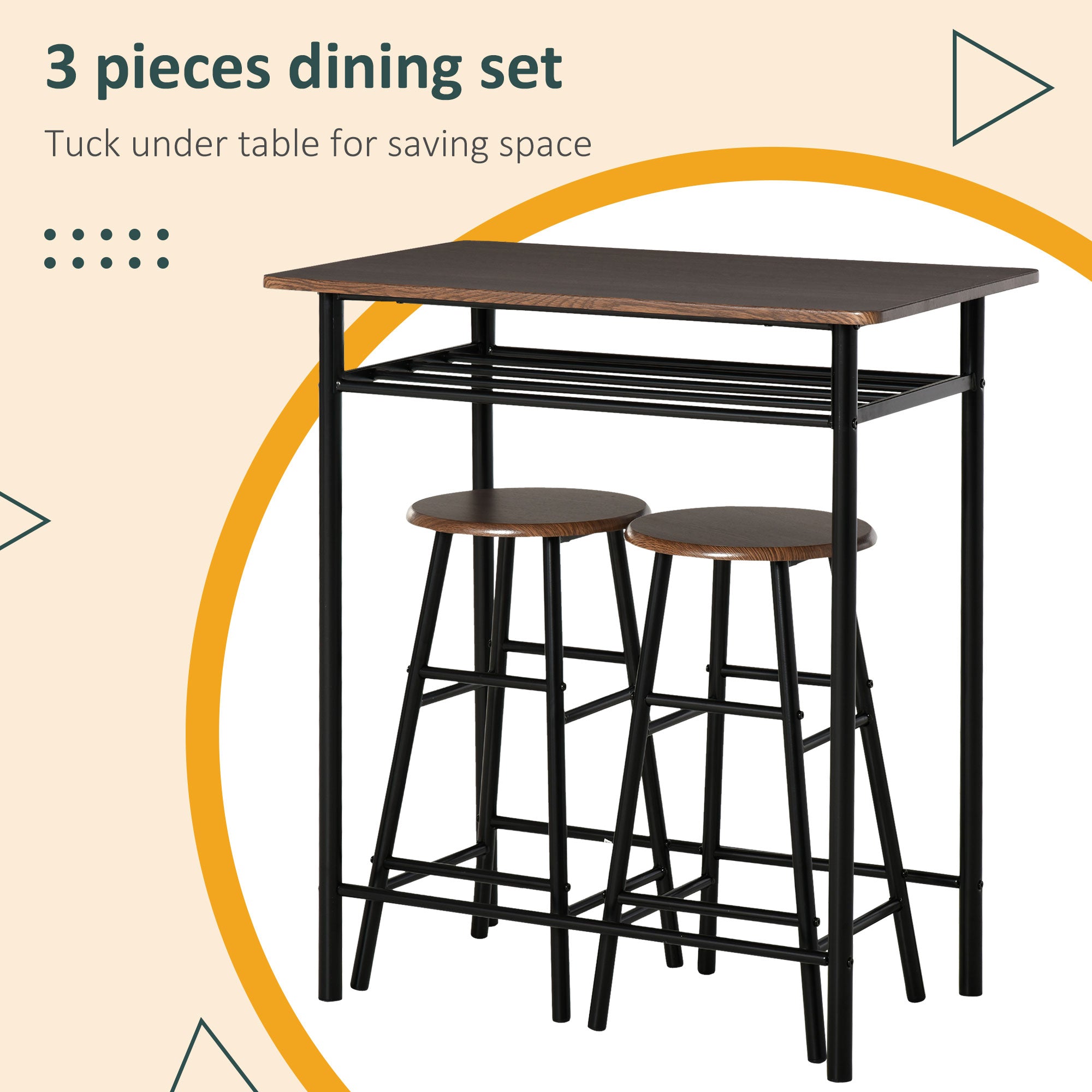 HOMCOM 3 Piece Counter Height Bar Table Set with 1 Table, 2 Matching Stools, Dining Table Set with Storage Shelf and Metal Frame Footrest, Black and Oak