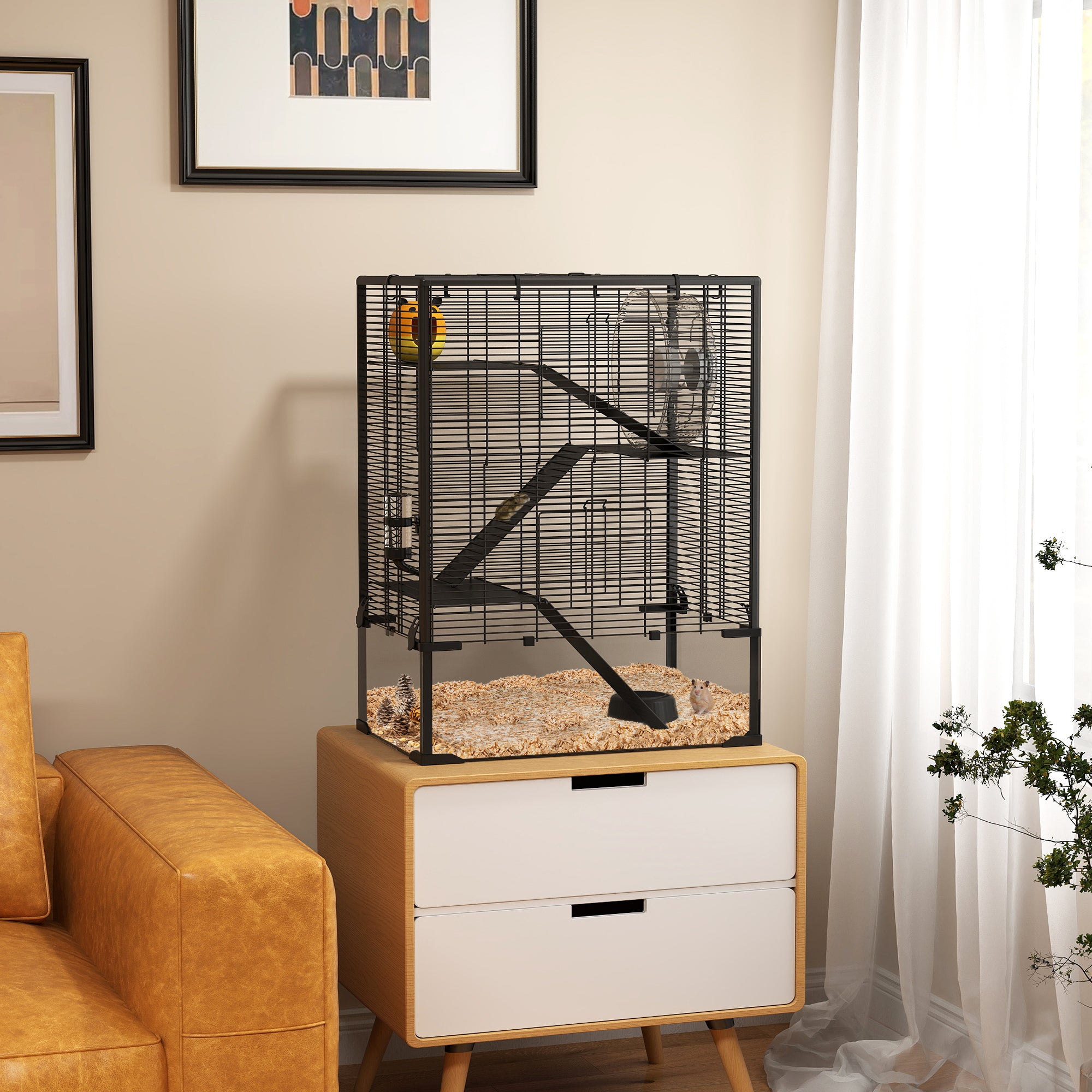 PawHut Hamster Cage with Deep Tempered Glass Bottom, 4 Tiers Large Hamster Tank with Hut, Running Wheel, Platforms, Ramps, Food Dish, Water Bottle, for Syrian, Dwarf, Rats, Gerbils, 60 x 40 x 80cm