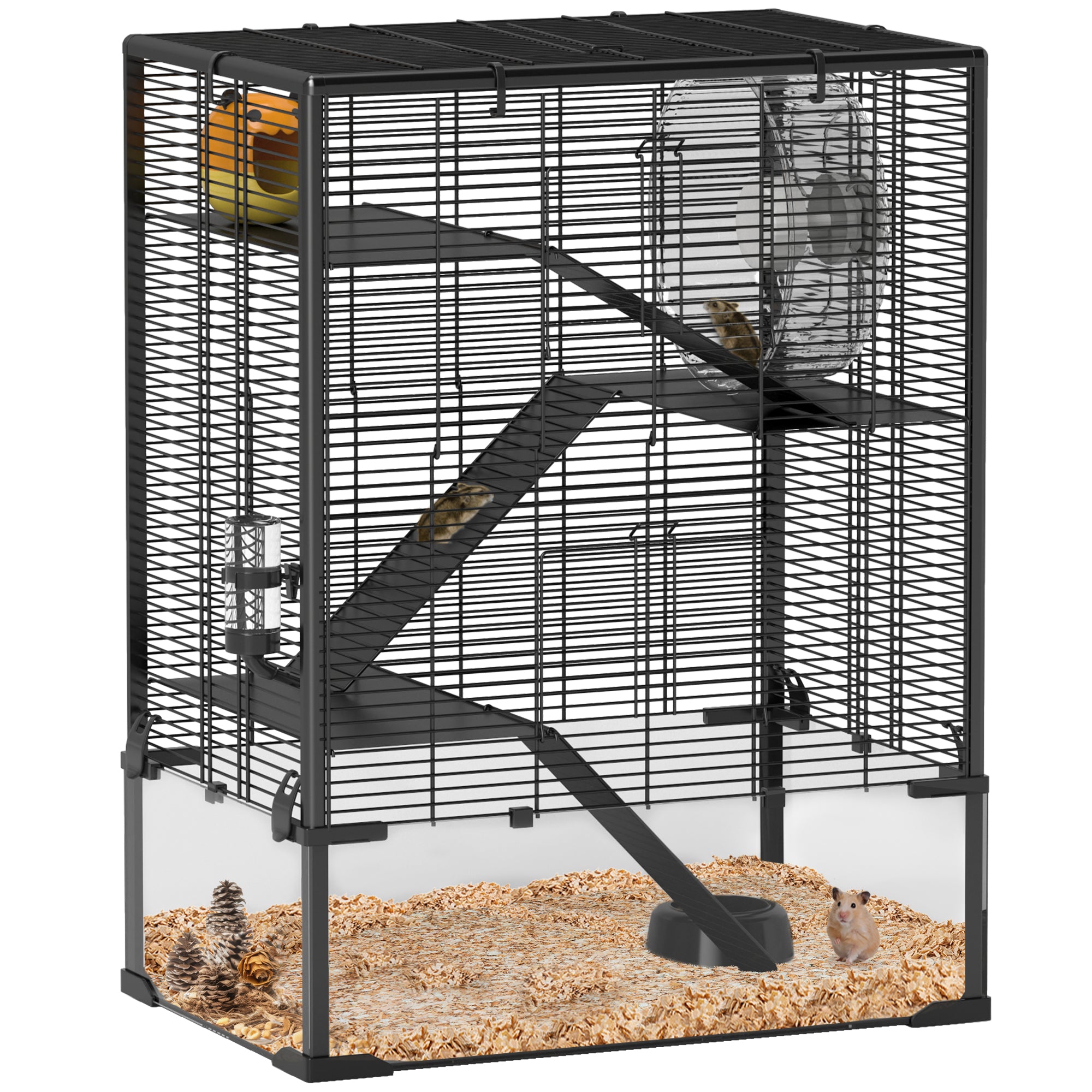 PawHut Hamster Cage with Deep Tempered Glass Bottom, 4 Tiers Large Hamster Tank with Hut, Running Wheel, Platforms, Ramps, Food Dish, Water Bottle, for Syrian, Dwarf, Rats, Gerbils, 60 x 40 x 80cm