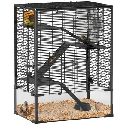 PawHut Hamster Cage with Deep Tempered Glass Bottom, 4 Tiers Large Hamster Tank with Hut, Running Wheel, Platforms, Ramps, Food Dish, Water Bottle, for Syrian, Dwarf, Rats, Gerbils, 60 x 40 x 80cm