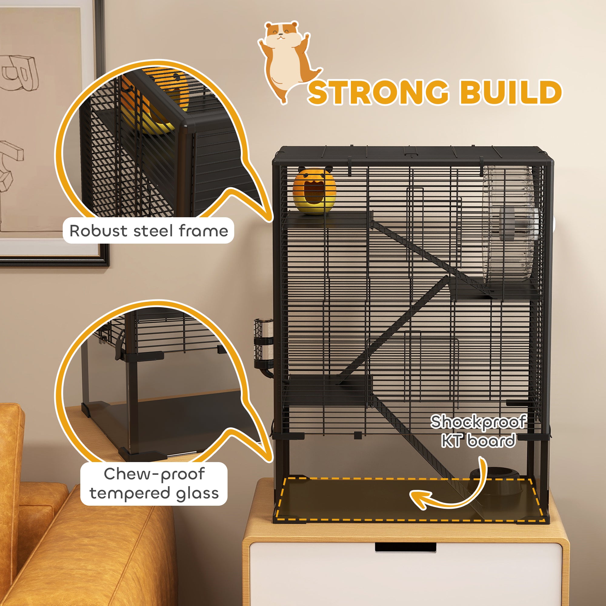 PawHut Hamster Cage with Deep Tempered Glass Bottom, 4 Tiers Large Hamster Tank with Hut, Running Wheel, Platforms, Ramps, Food Dish, Water Bottle, for Syrian, Dwarf, Rats, Gerbils, 60 x 40 x 80cm