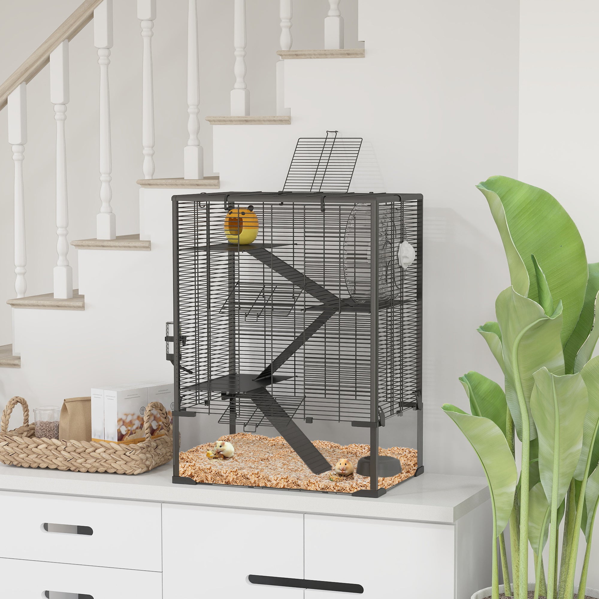 PawHut Hamster Cage with Deep Tempered Glass Bottom, 4 Tiers Large Hamster Tank with Hut, Running Wheel, Platforms, Ramps, Food Dish, Water Bottle, for Syrian, Dwarf, Rats, Gerbils, 60 x 40 x 80cm