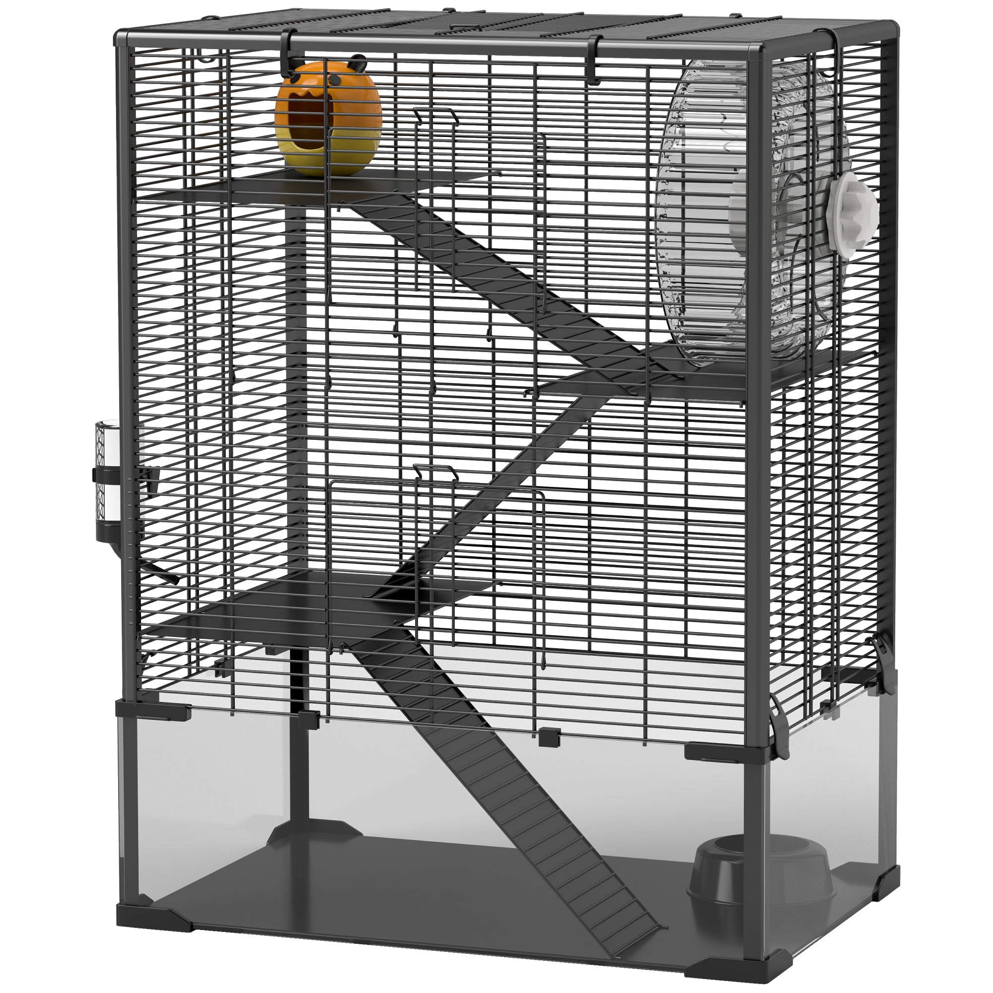 PawHut Hamster Cage with Deep Tempered Glass Bottom, 4 Tiers Large Hamster Tank with Hut, Running Wheel, Platforms, Ramps, Food Dish, Water Bottle, for Syrian, Dwarf, Rats, Gerbils, 60 x 40 x 80cm