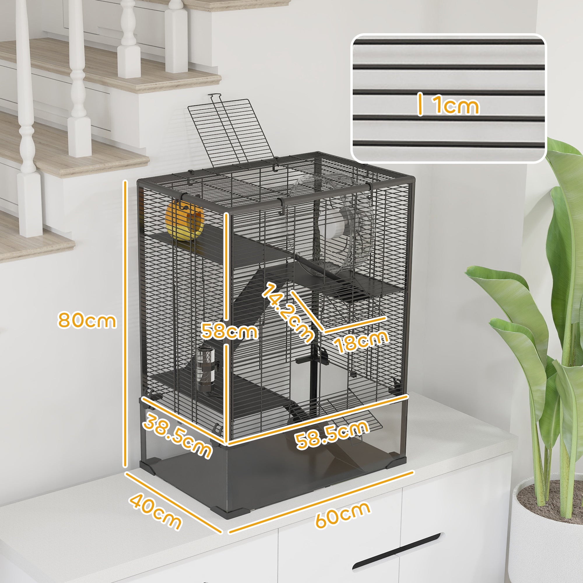 PawHut Hamster Cage with Deep Tempered Glass Bottom, 4 Tiers Large Hamster Tank with Hut, Running Wheel, Platforms, Ramps, Food Dish, Water Bottle, for Syrian, Dwarf, Rats, Gerbils, 60 x 40 x 80cm