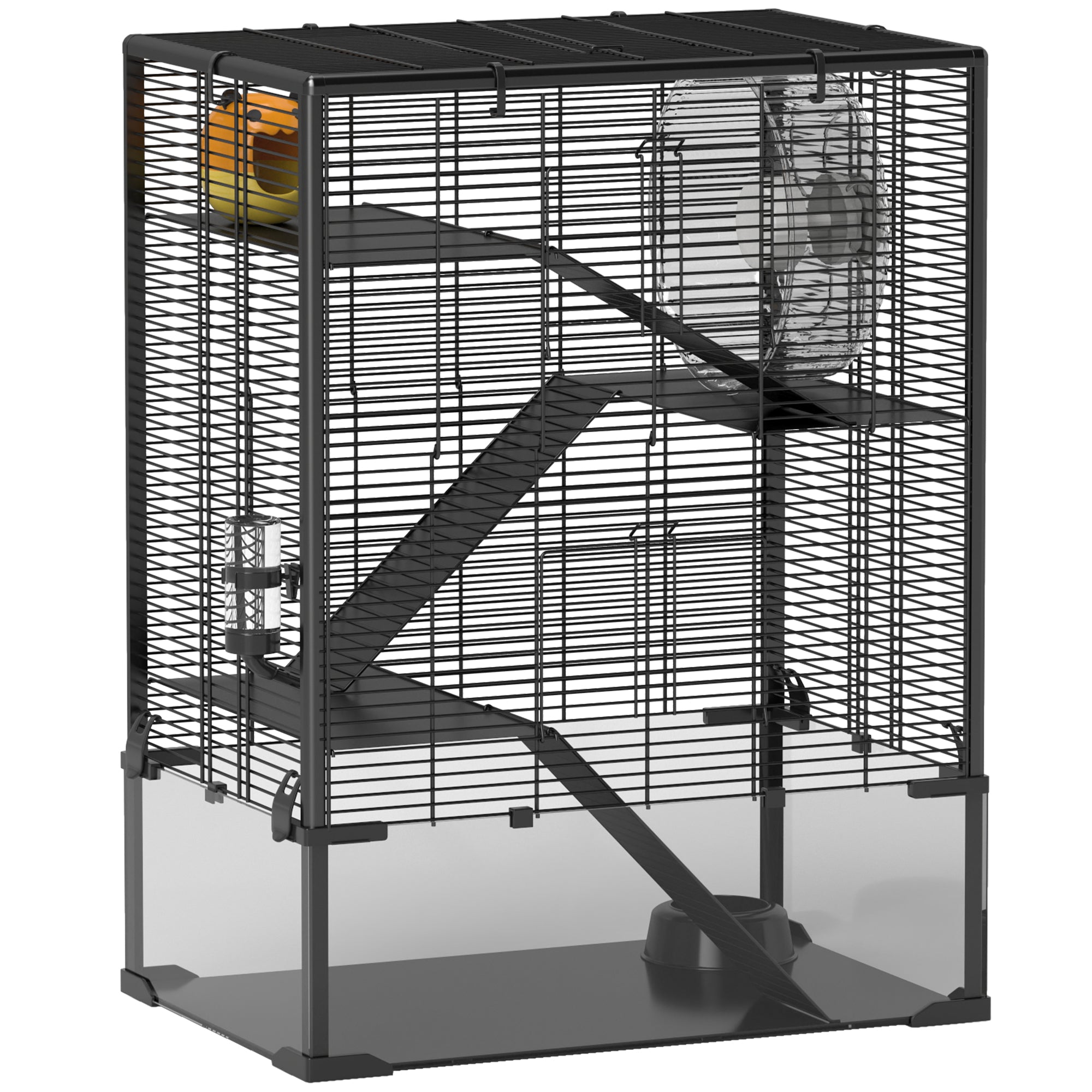 PawHut Hamster Cage with Deep Tempered Glass Bottom, 4 Tiers Large Hamster Tank with Hut, Running Wheel, Platforms, Ramps, Food Dish, Water Bottle, for Syrian, Dwarf, Rats, Gerbils, 60 x 40 x 80cm