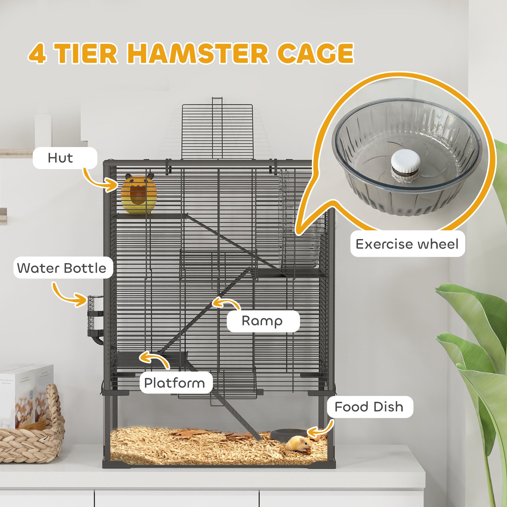 PawHut Hamster Cage with Deep Tempered Glass Bottom, 4 Tiers Large Hamster Tank with Hut, Running Wheel, Platforms, Ramps, Food Dish, Water Bottle, for Syrian, Dwarf, Rats, Gerbils, 60 x 40 x 80cm