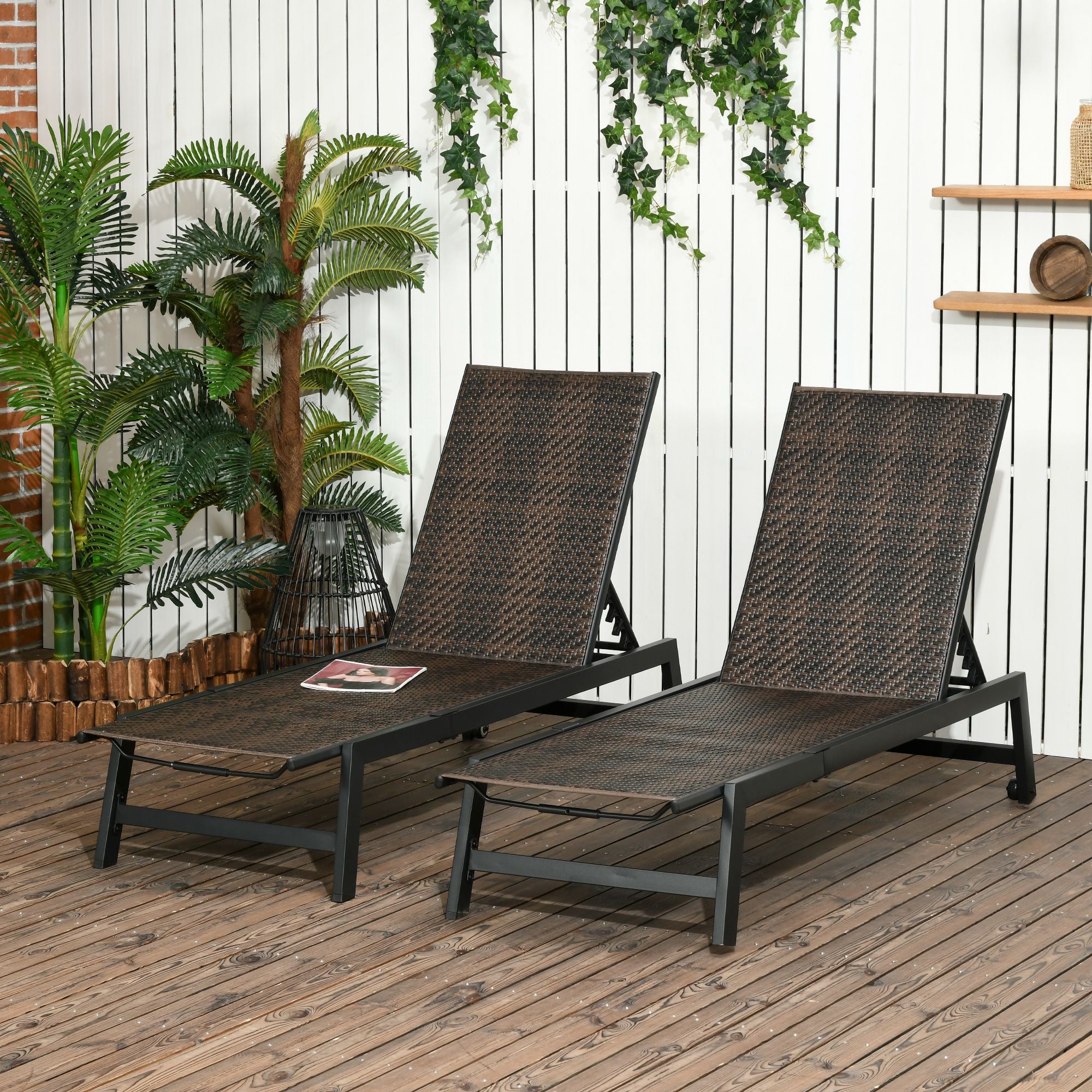 Outsunny 2 Pieces Patio Lounger Chair Set, Outdoor Aluminum Frame PE Rattan Wicker Sun Lounger Set w/ 5-Position Backrest and Wheels for Sun Room, Garden, Poolside, Dark Brown