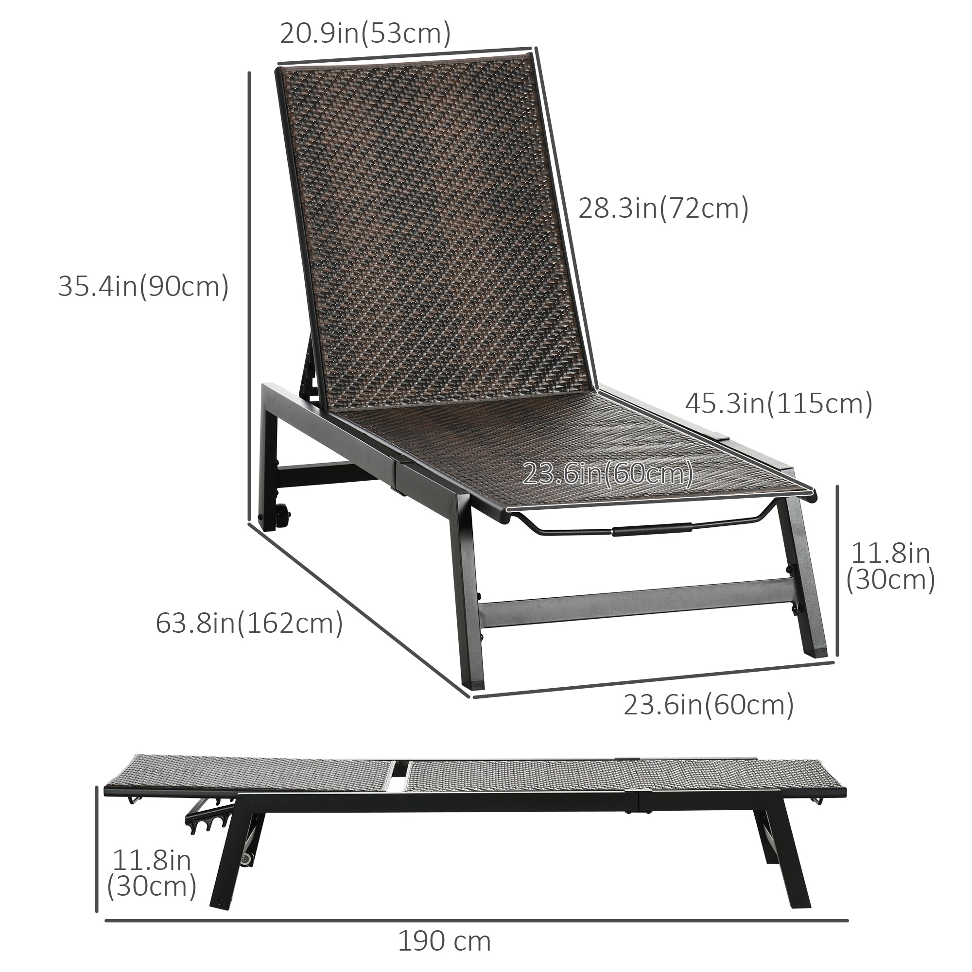 Outsunny 2 Pieces Patio Lounger Chair Set, Outdoor Aluminum Frame PE Rattan Wicker Sun Lounger Set w/ 5-Position Backrest and Wheels for Sun Room, Garden, Poolside, Dark Brown