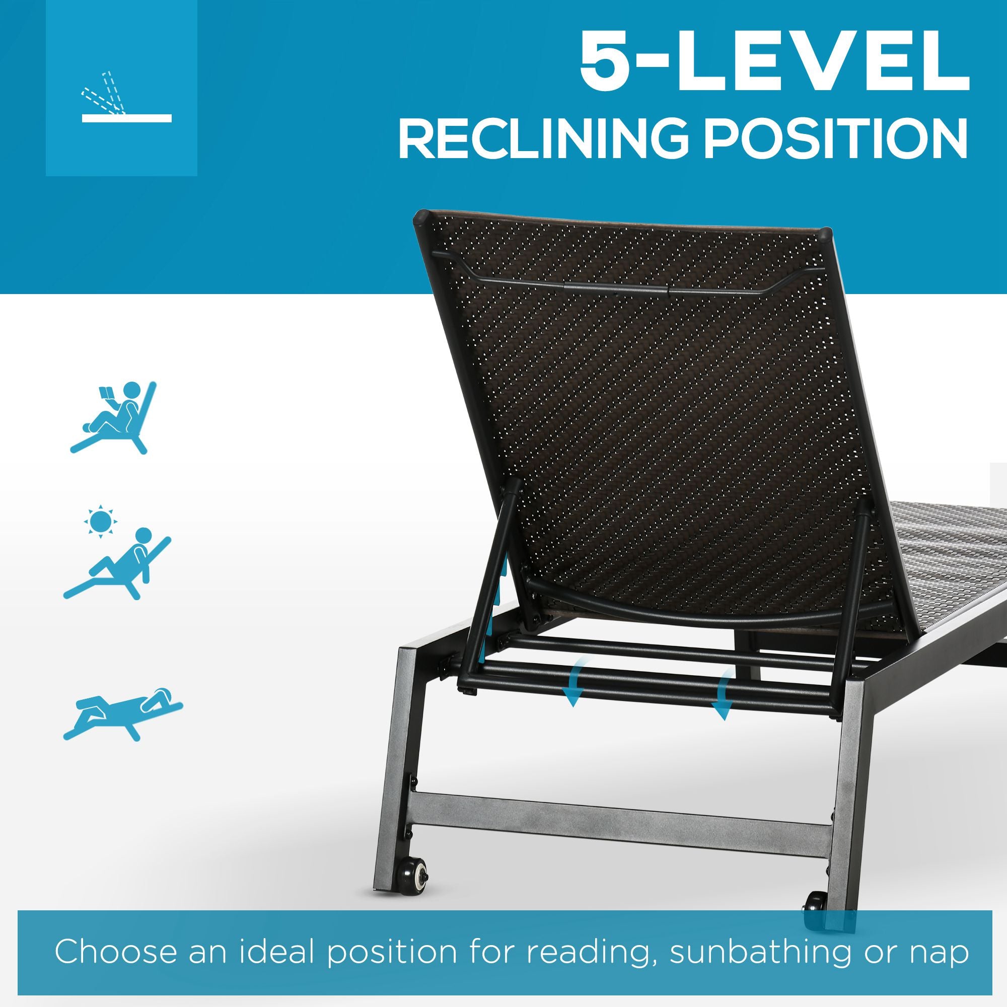 Outsunny 2 Pieces Patio Lounger Chair Set, Outdoor Aluminum Frame PE Rattan Wicker Sun Lounger Set w/ 5-Position Backrest and Wheels for Sun Room, Garden, Poolside, Dark Brown