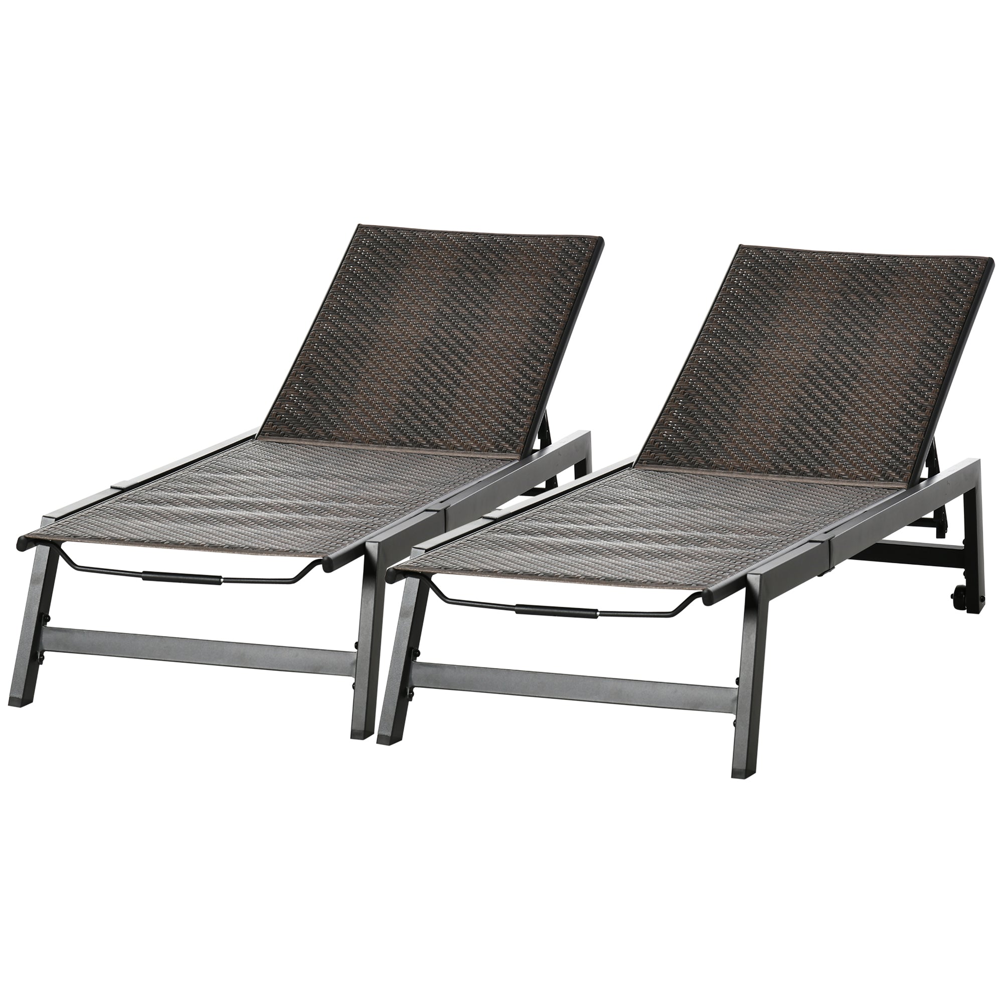 Outsunny 2 Pieces Patio Lounger Chair Set, Outdoor Aluminum Frame PE Rattan Wicker Sun Lounger Set w/ 5-Position Backrest and Wheels for Sun Room, Garden, Poolside, Dark Brown