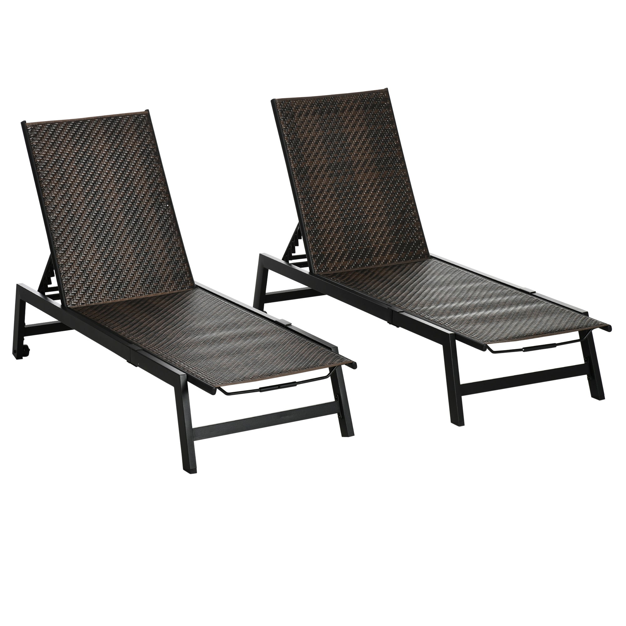Outsunny 2 Pieces Patio Lounger Chair Set, Outdoor Aluminum Frame PE Rattan Wicker Sun Lounger Set w/ 5-Position Backrest and Wheels for Sun Room, Garden, Poolside, Dark Brown