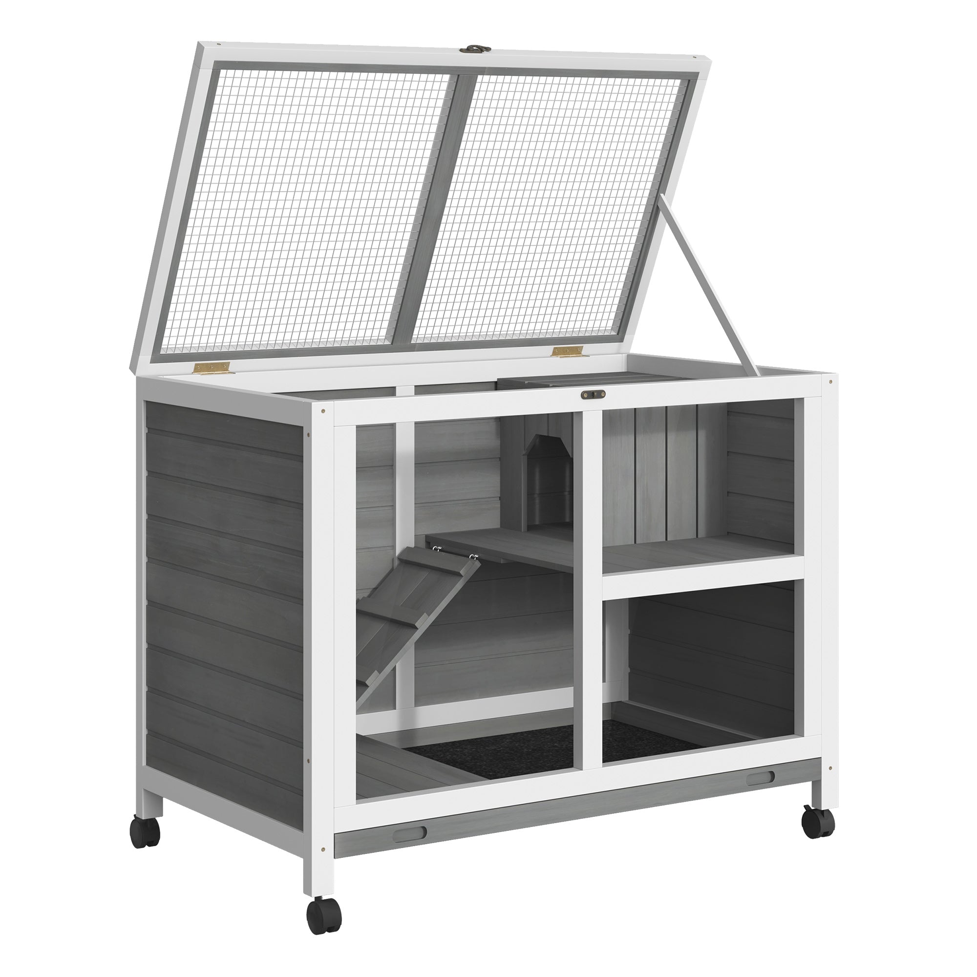 PawHut Indoor Rabbit Hutch with Wheels, Bunny Cage Guinea Pig House Small Animals Habitat W/ Top Access, Ramp, Pull Out Tray, Grey