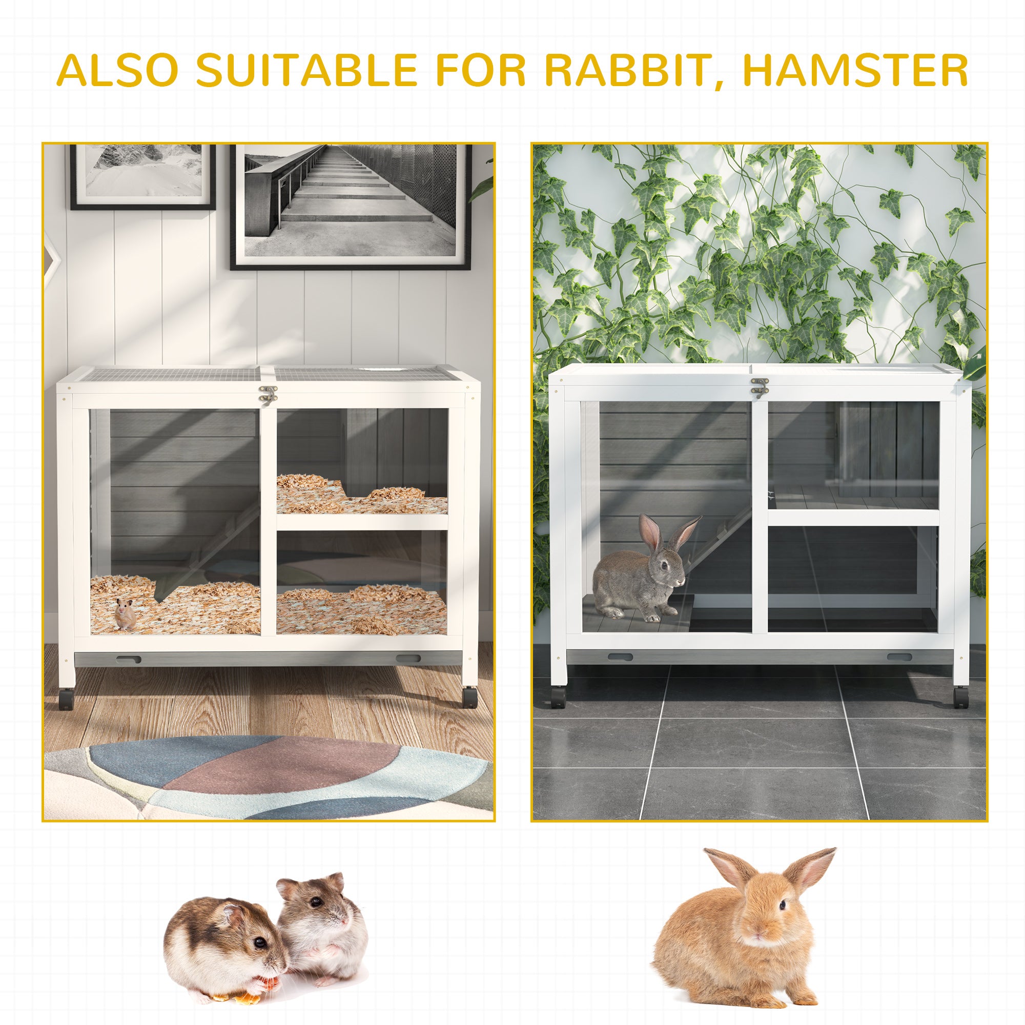 PawHut Rabbit Hutch Indoor Wooden Guinea Pig House Hamster Cage with Wheels, 2 Layers Bunny Cage with Openable Roof, 91.5 x 53.3 x 73 cm, Grey
