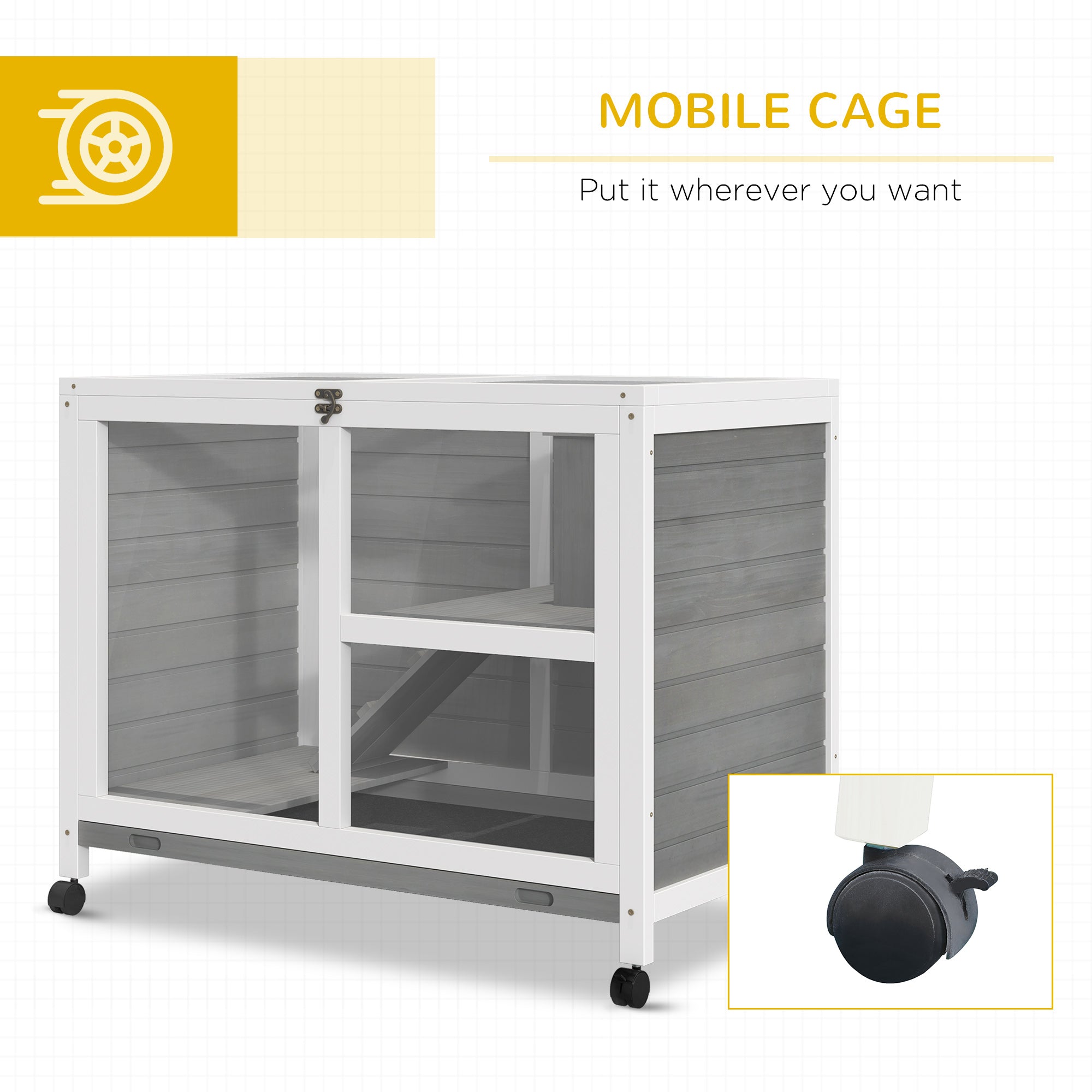 PawHut Indoor Rabbit Hutch with Wheels, Bunny Cage Guinea Pig House Small Animals Habitat W/ Top Access, Ramp, Pull Out Tray, Grey