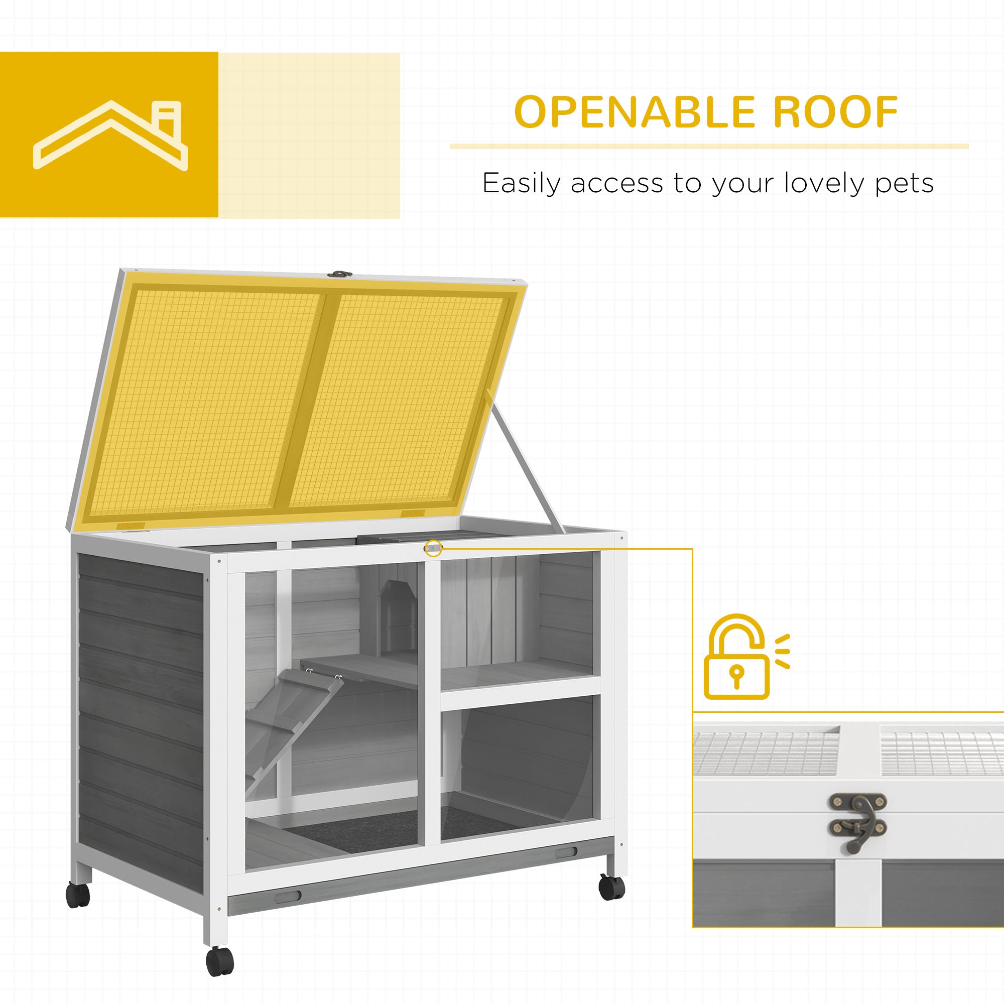 PawHut Indoor Rabbit Hutch with Wheels, Bunny Cage Guinea Pig House Small Animals Habitat W/ Top Access, Ramp, Pull Out Tray, Grey