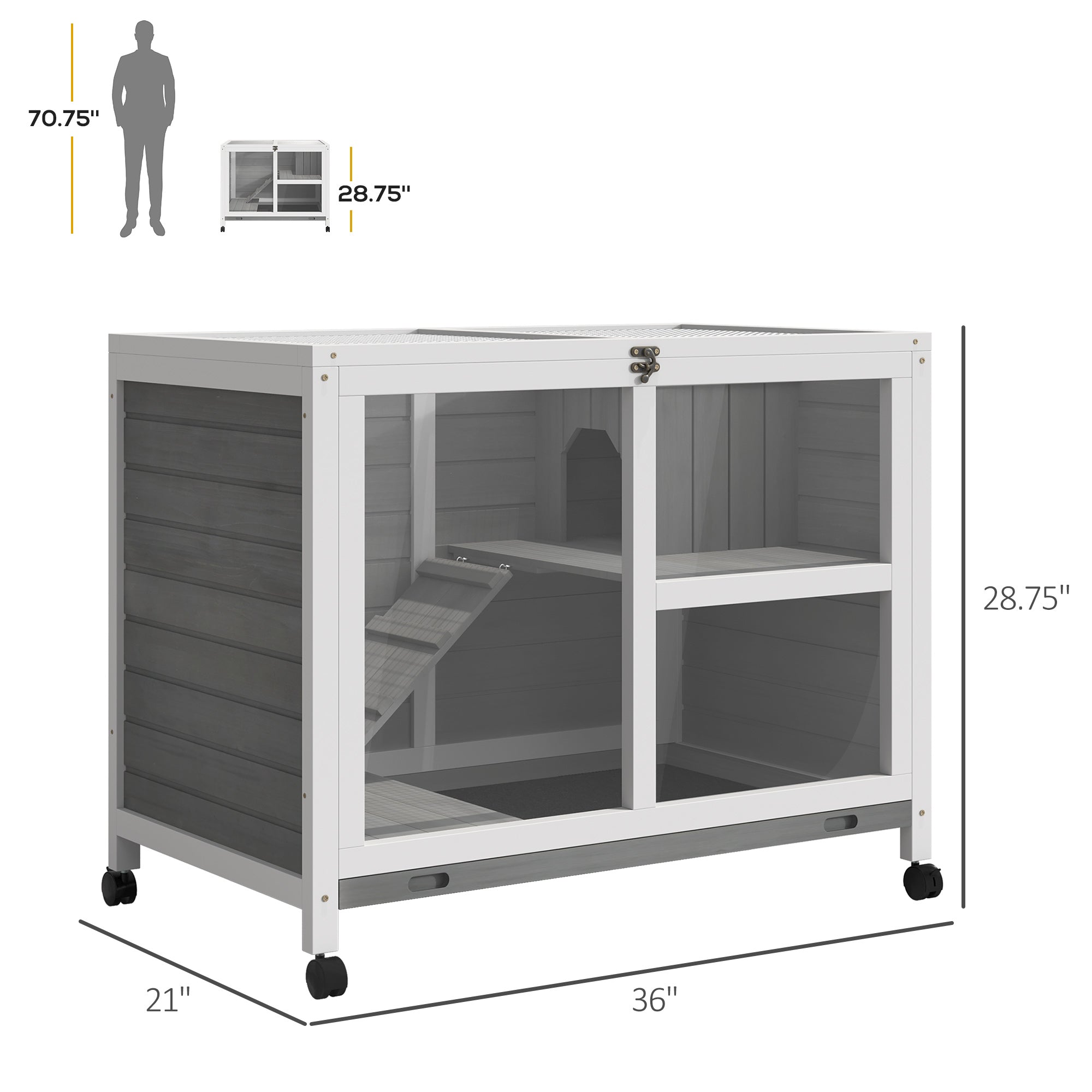 PawHut Indoor Rabbit Hutch with Wheels, Bunny Cage Guinea Pig House Small Animals Habitat W/ Top Access, Ramp, Pull Out Tray, Grey