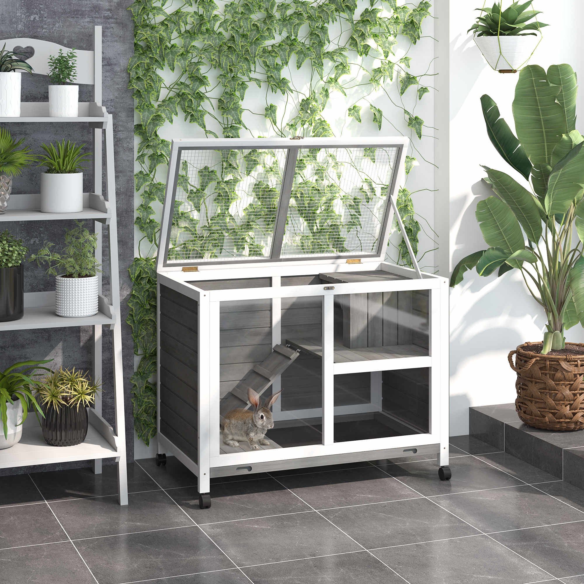 PawHut Rabbit Hutch Indoor Wooden Guinea Pig House Hamster Cage with Wheels, 2 Layers Bunny Cage with Openable Roof, 91.5 x 53.3 x 73 cm, Grey