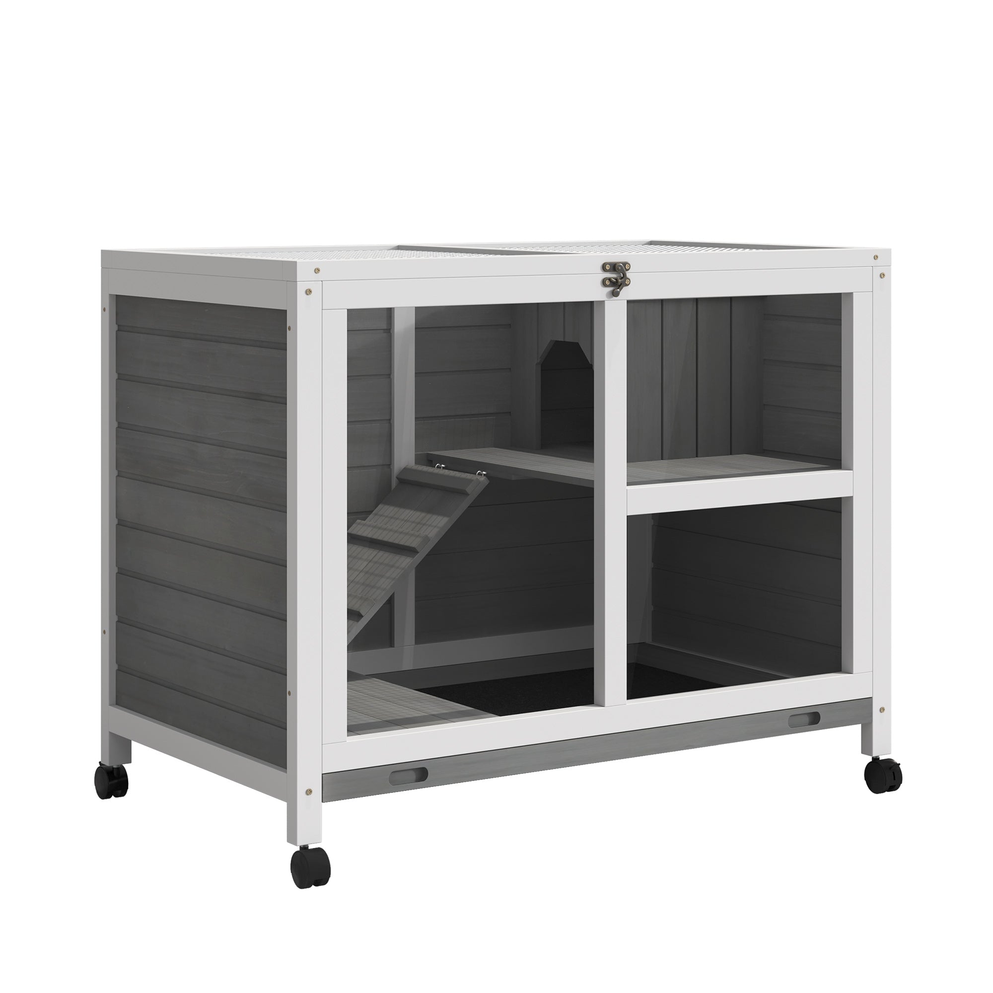 PawHut Indoor Rabbit Hutch with Wheels, Bunny Cage Guinea Pig House Small Animals Habitat W/ Top Access, Ramp, Pull Out Tray, Grey