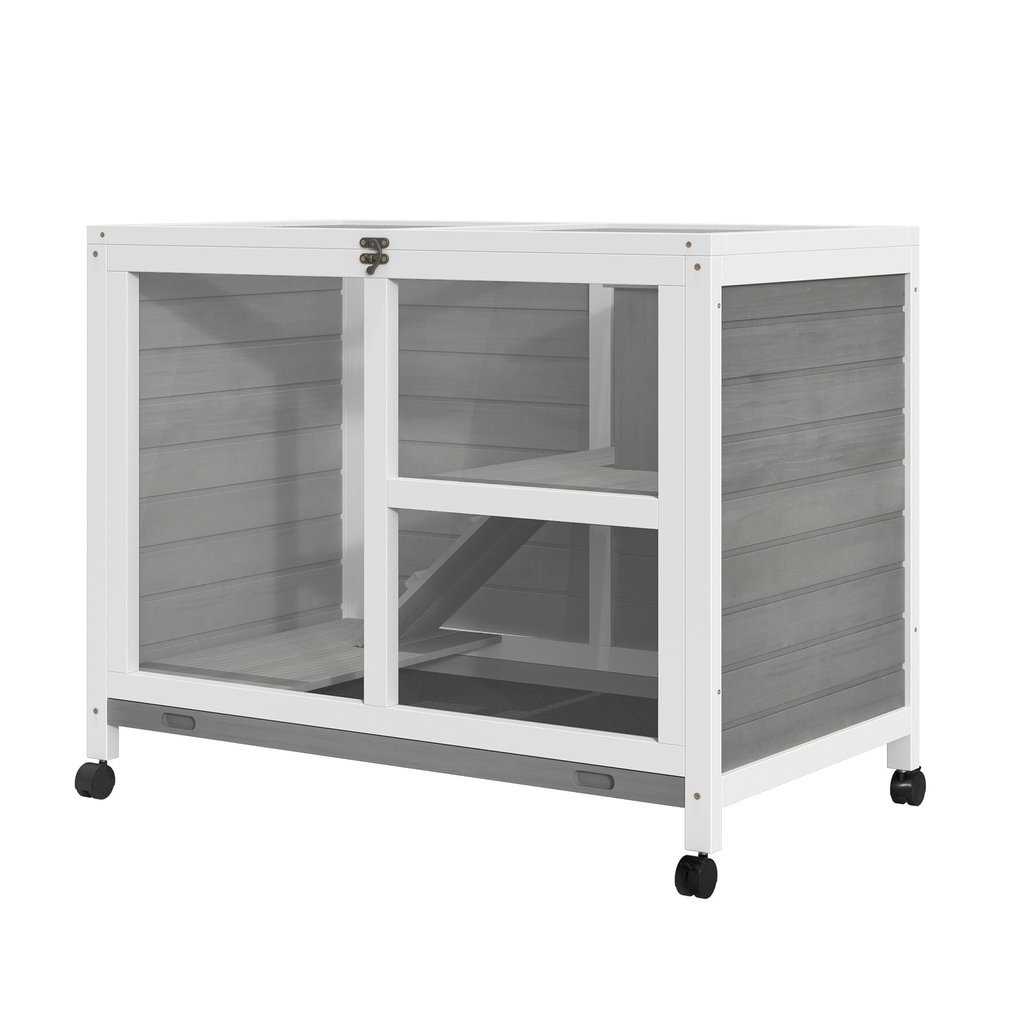 PawHut Rabbit Hutch Indoor Wooden Guinea Pig House Hamster Cage with Wheels, 2 Layers Bunny Cage with Openable Roof, 91.5 x 53.3 x 73 cm, Grey