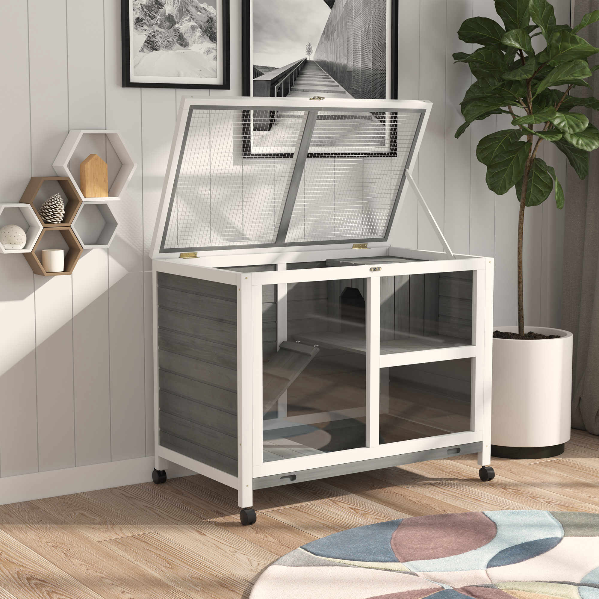 PawHut Rabbit Hutch Indoor Wooden Guinea Pig House Hamster Cage with Wheels, 2 Layers Bunny Cage with Openable Roof, 91.5 x 53.3 x 73 cm, Grey