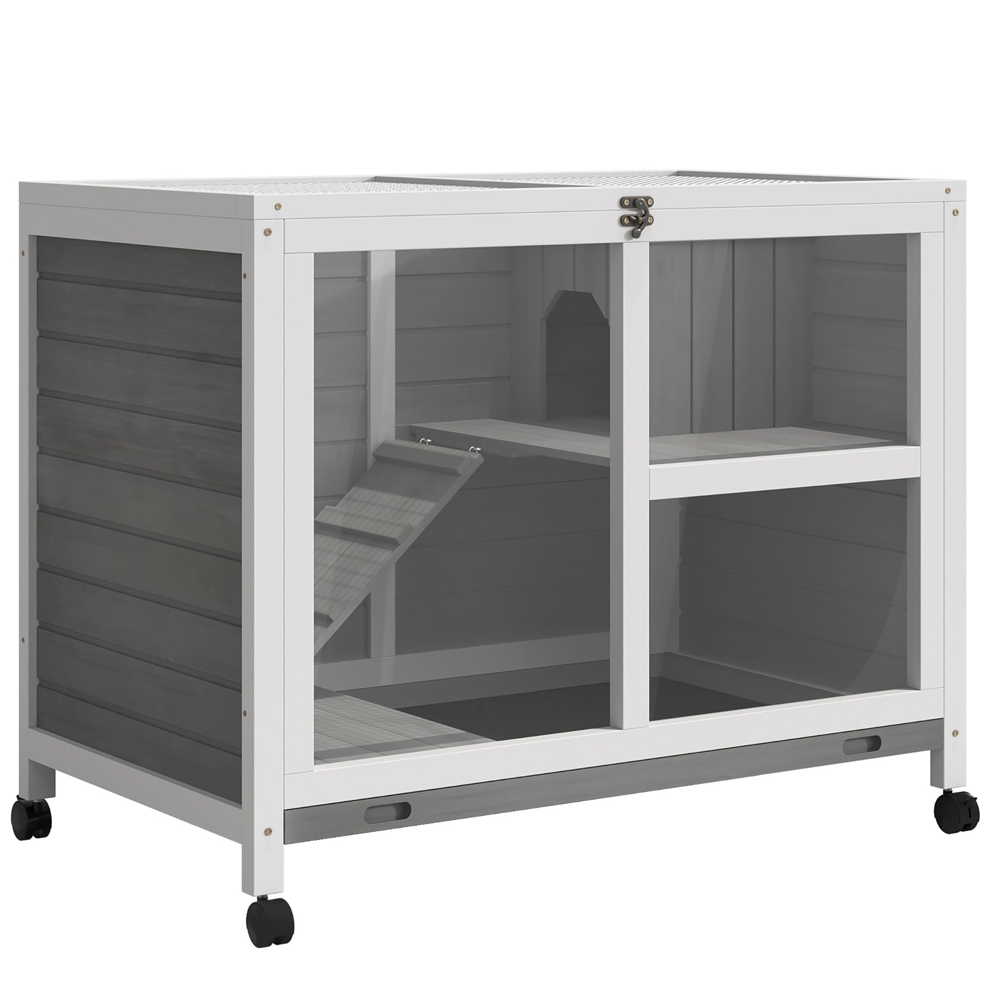 PawHut Rabbit Hutch Indoor Wooden Guinea Pig House Hamster Cage with Wheels, 2 Layers Bunny Cage with Openable Roof, 91.5 x 53.3 x 73 cm, Grey