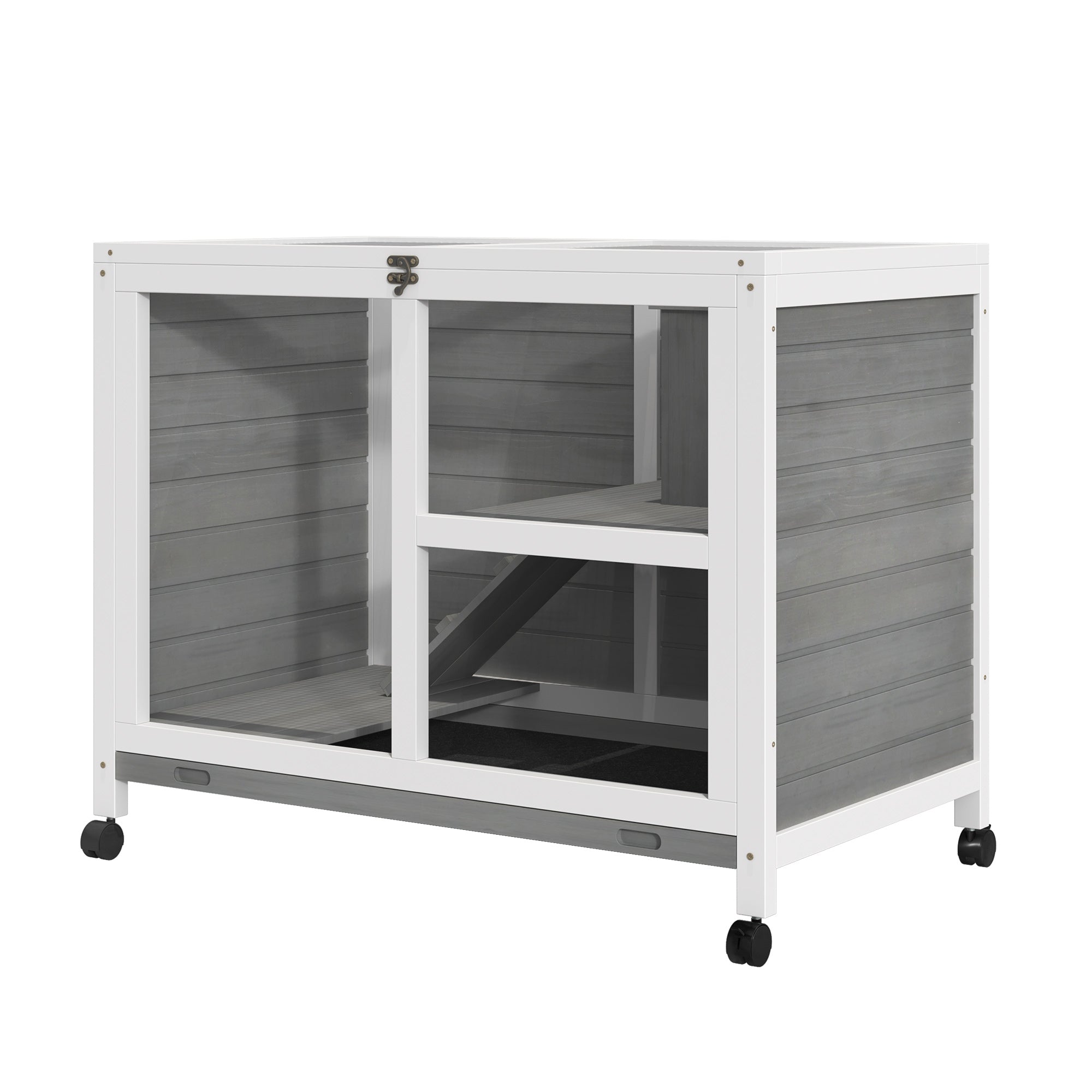 PawHut Indoor Rabbit Hutch with Wheels, Bunny Cage Guinea Pig House Small Animals Habitat W/ Top Access, Ramp, Pull Out Tray, Grey