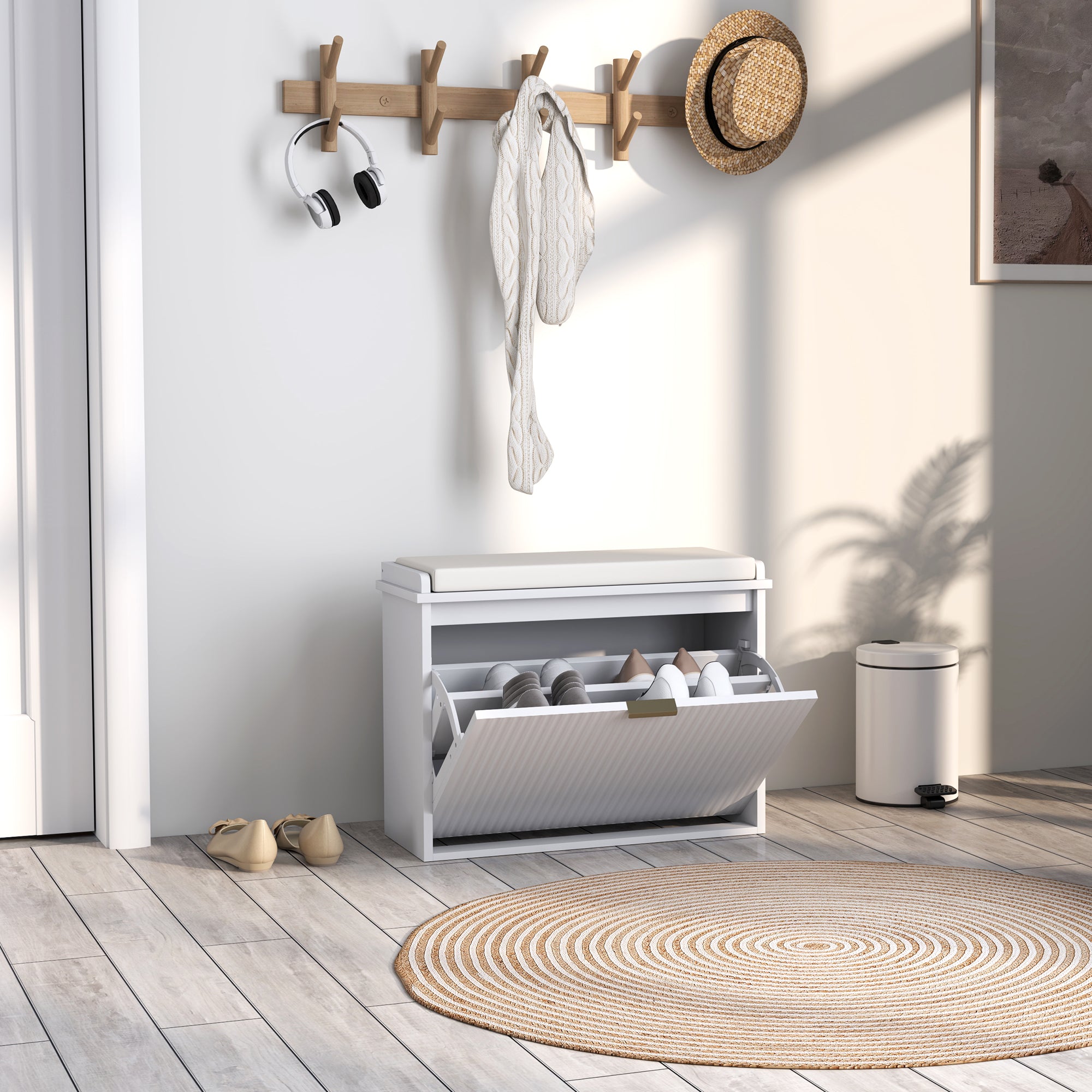HOMCOM Shoe Bench with Padded Seat Cushion and Flip-Drawer, Entryway Bench Holds up to 265lb, Shoe Organizer for 8 Pairs of Shoes, 24.4 x 10.2 x 18.7 Inches, White