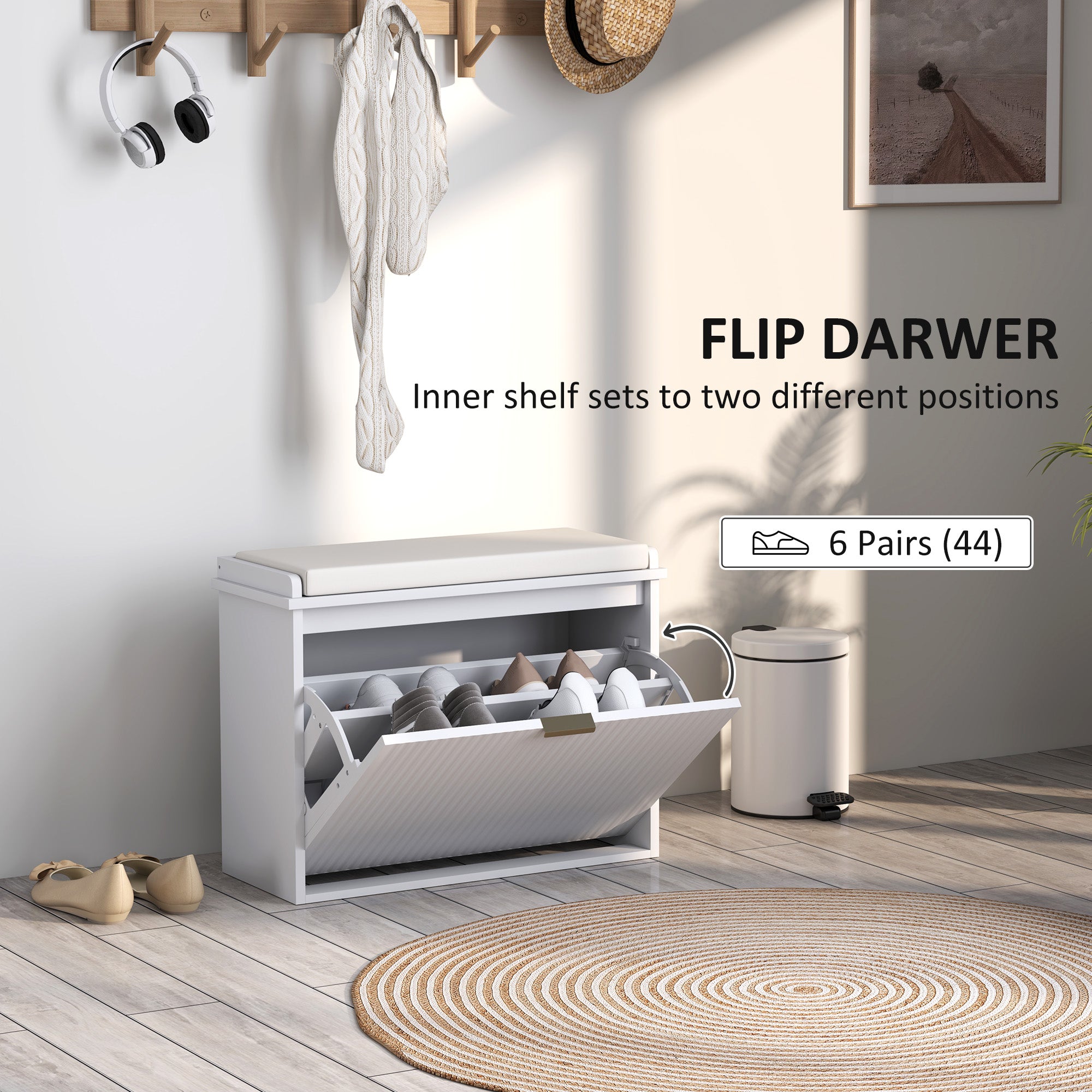 HOMCOM Shoe Bench with Padded Seat Cushion and Flip-Drawer, Entryway Bench Holds up to 265lb, Shoe Organizer for 8 Pairs of Shoes, 24.4 x 10.2 x 18.7 Inches, White
