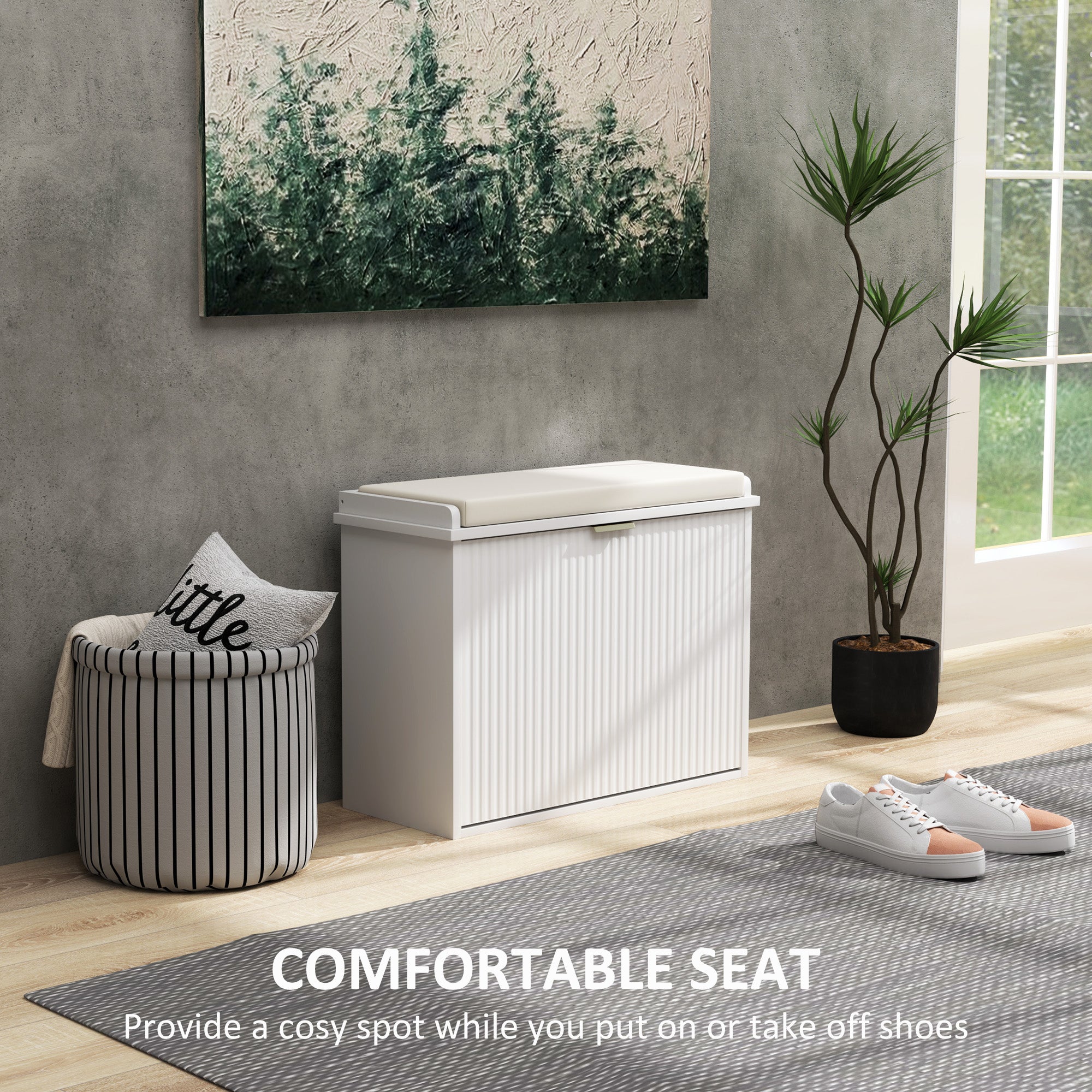 HOMCOM Shoe Bench with Padded Seat Cushion and Flip-Drawer, Entryway Bench Holds up to 265lb, Shoe Organizer for 8 Pairs of Shoes, 24.4 x 10.2 x 18.7 Inches, White