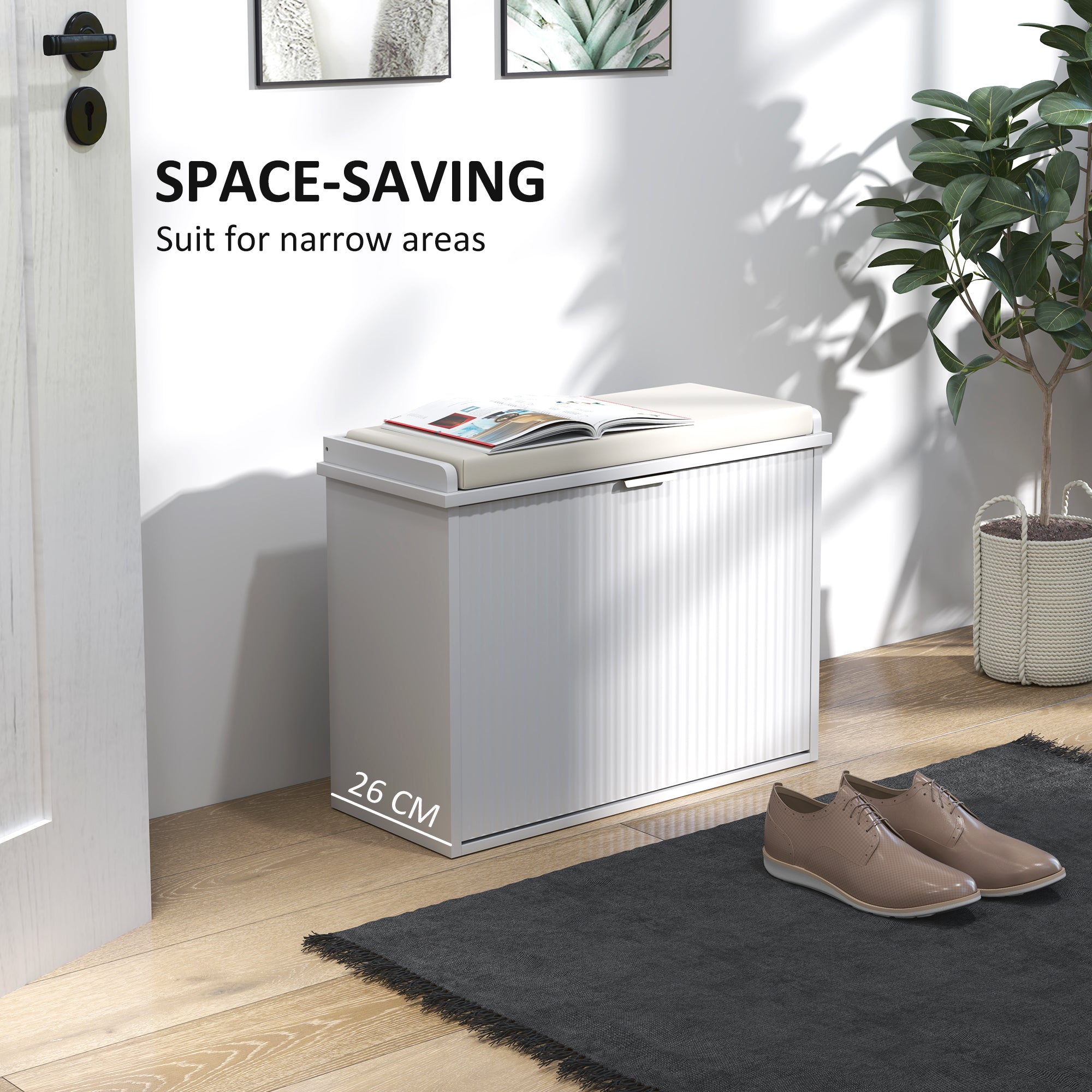 HOMCOM Shoe Bench with Padded Seat Cushion and Flip-Drawer, Entryway Bench Holds up to 265lb, Shoe Organizer for 8 Pairs of Shoes, 24.4 x 10.2 x 18.7 Inches, White