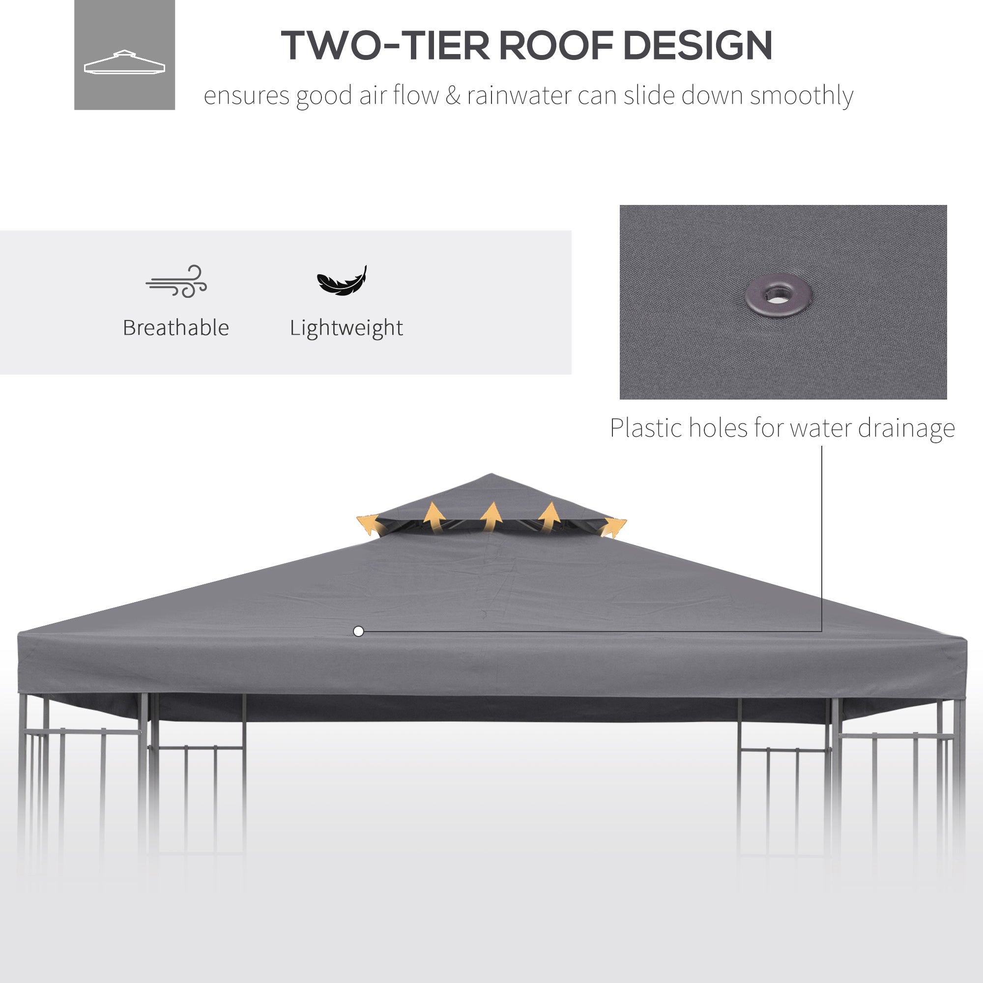 Outsunny 9.8' x 9.8' Square 2-Tier Gazebo Canopy Replacement Top Cover Outdoor Garden Sun Shade, Dark Grey