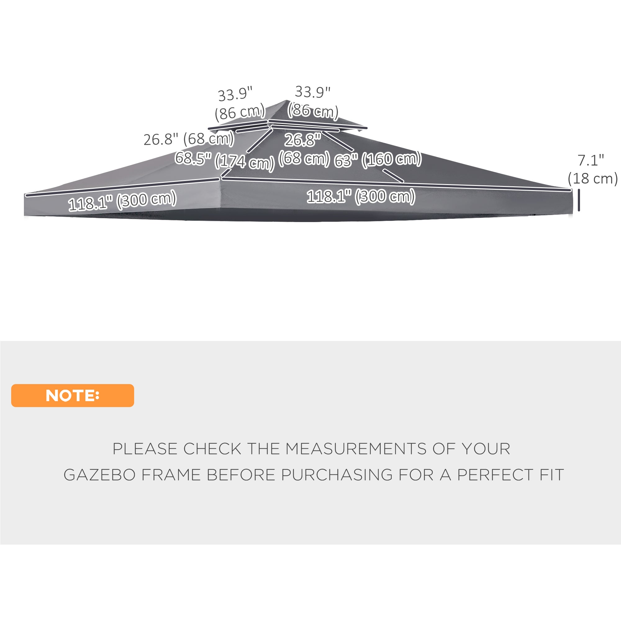 Outsunny 9.8' x 9.8' Square 2-Tier Gazebo Canopy Replacement Top Cover Outdoor Garden Sun Shade, Dark Grey