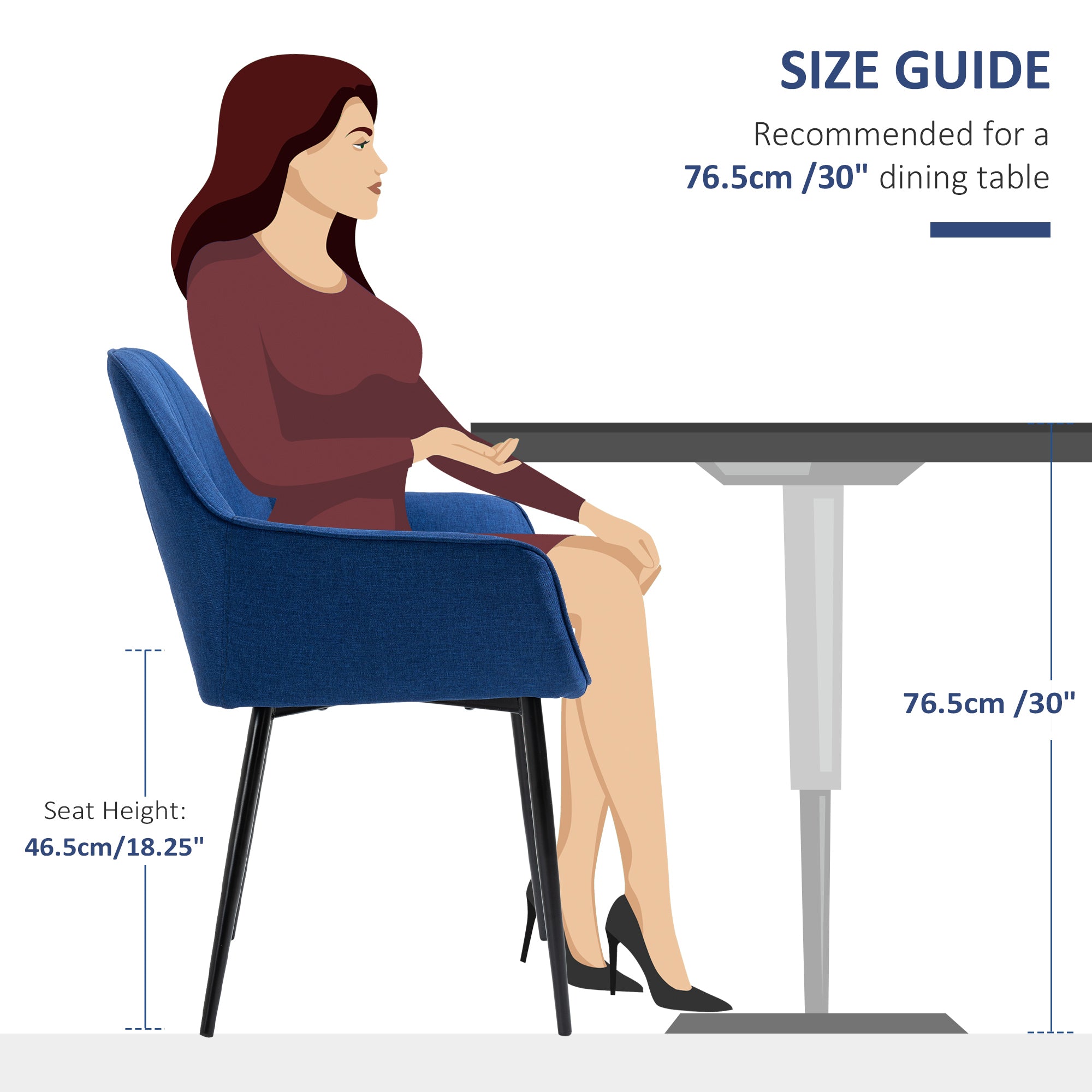 HOMCOM Dining Chairs Set of 2, Upholstered Kitchen Chairs, Linen Fabric Accent Arm Chairs with Metal Legs, Dark Blue