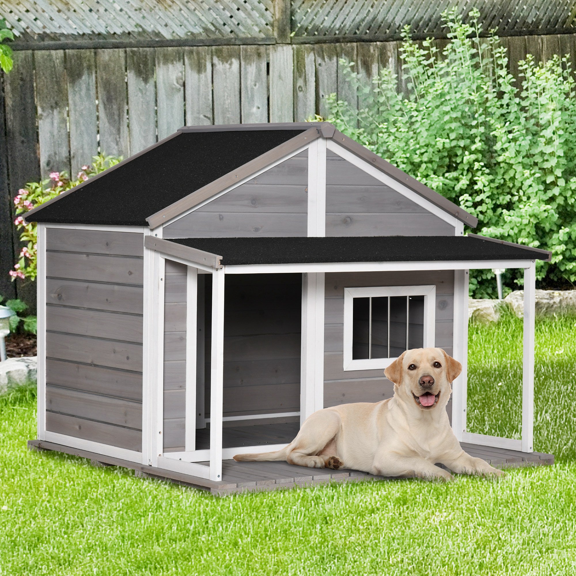 PawHut Outdoor Dog House Cabin Style, Wooden Raised Pet Kennel with Asphalt Roof, Front Door, Side Windows, Deck for Medium/Large Dogs, 53 Lbs., Grey