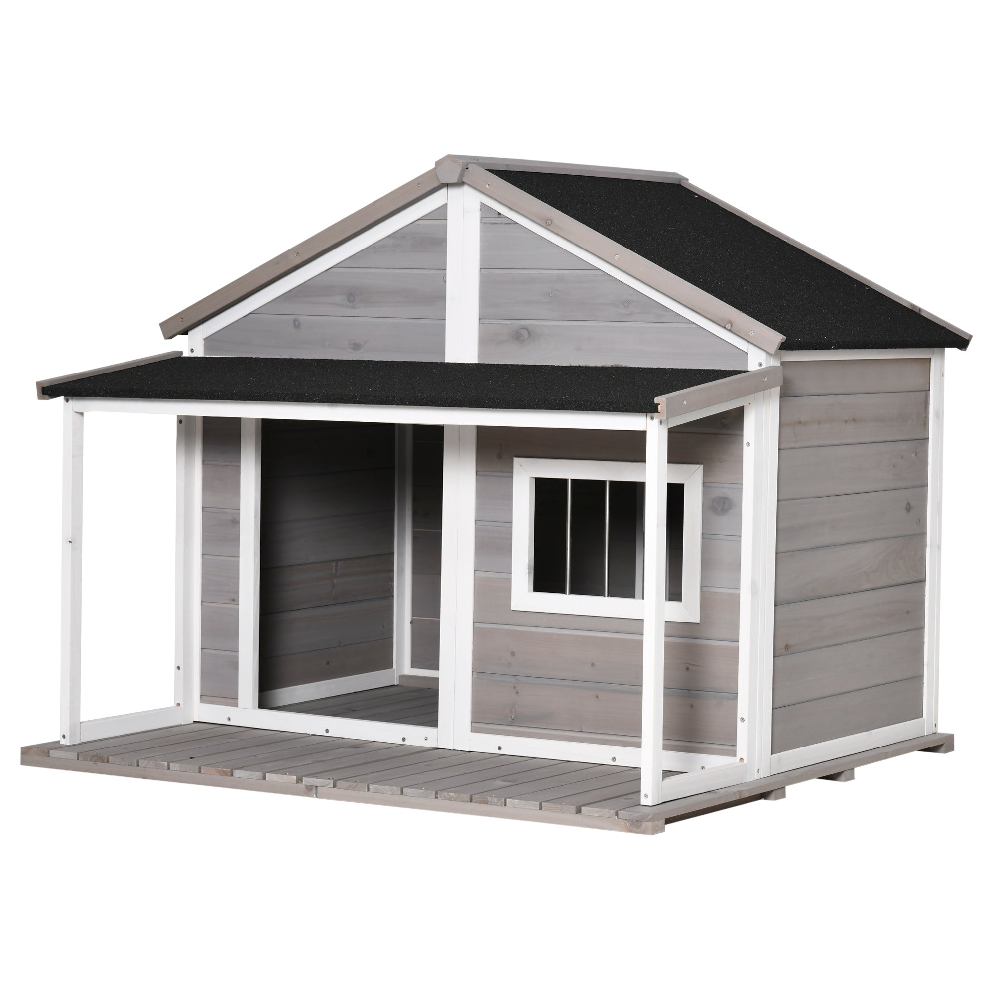 PawHut Outdoor Dog House Cabin Style, Wooden Raised Pet Kennel with Asphalt Roof, Front Door, Side Windows, Deck for Medium/Large Dogs, 53 Lbs., Grey