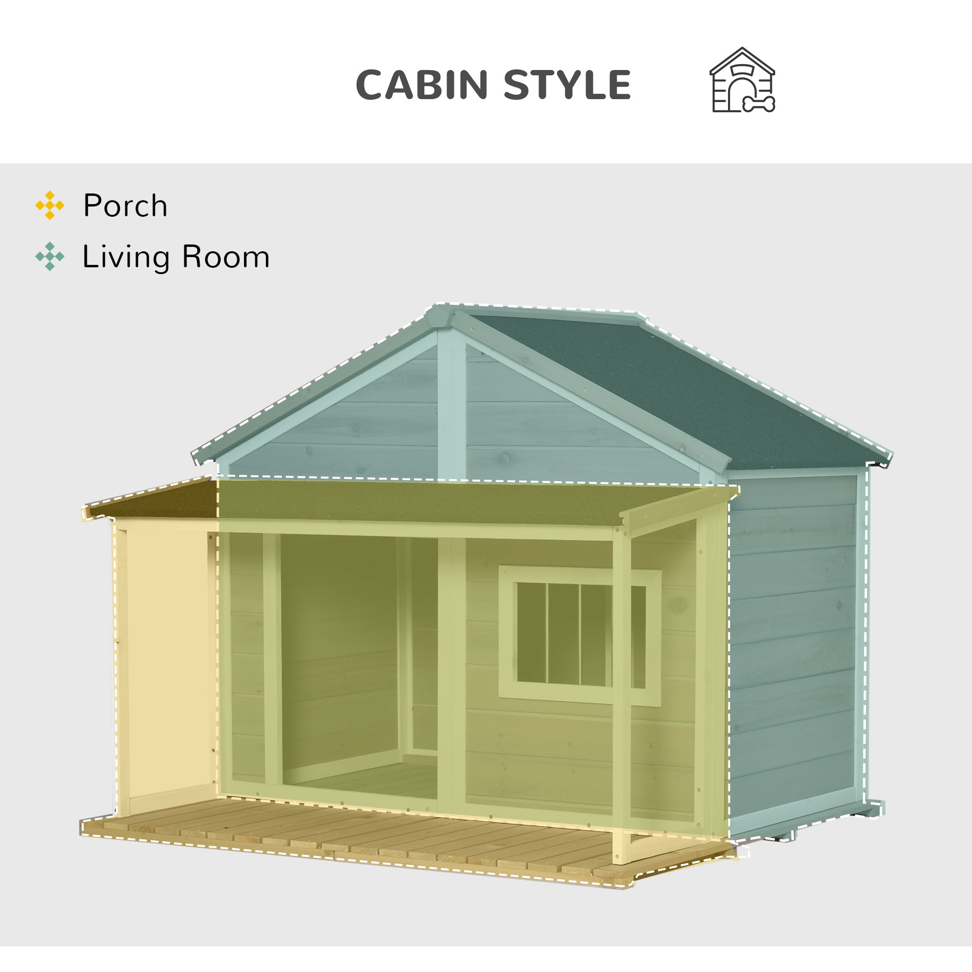 PawHut Outdoor Dog House Cabin Style, Wooden Raised Pet Kennel with Asphalt Roof, Front Door, Side Windows, Deck for Medium/Large Dogs, 53 Lbs., Grey