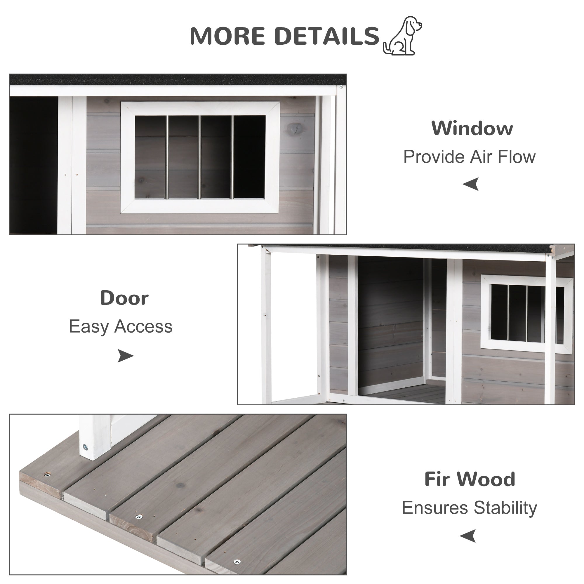 PawHut Outdoor Dog House Cabin Style, Wooden Raised Pet Kennel with Asphalt Roof, Front Door, Side Windows, Deck for Medium/Large Dogs, 53 Lbs., Grey