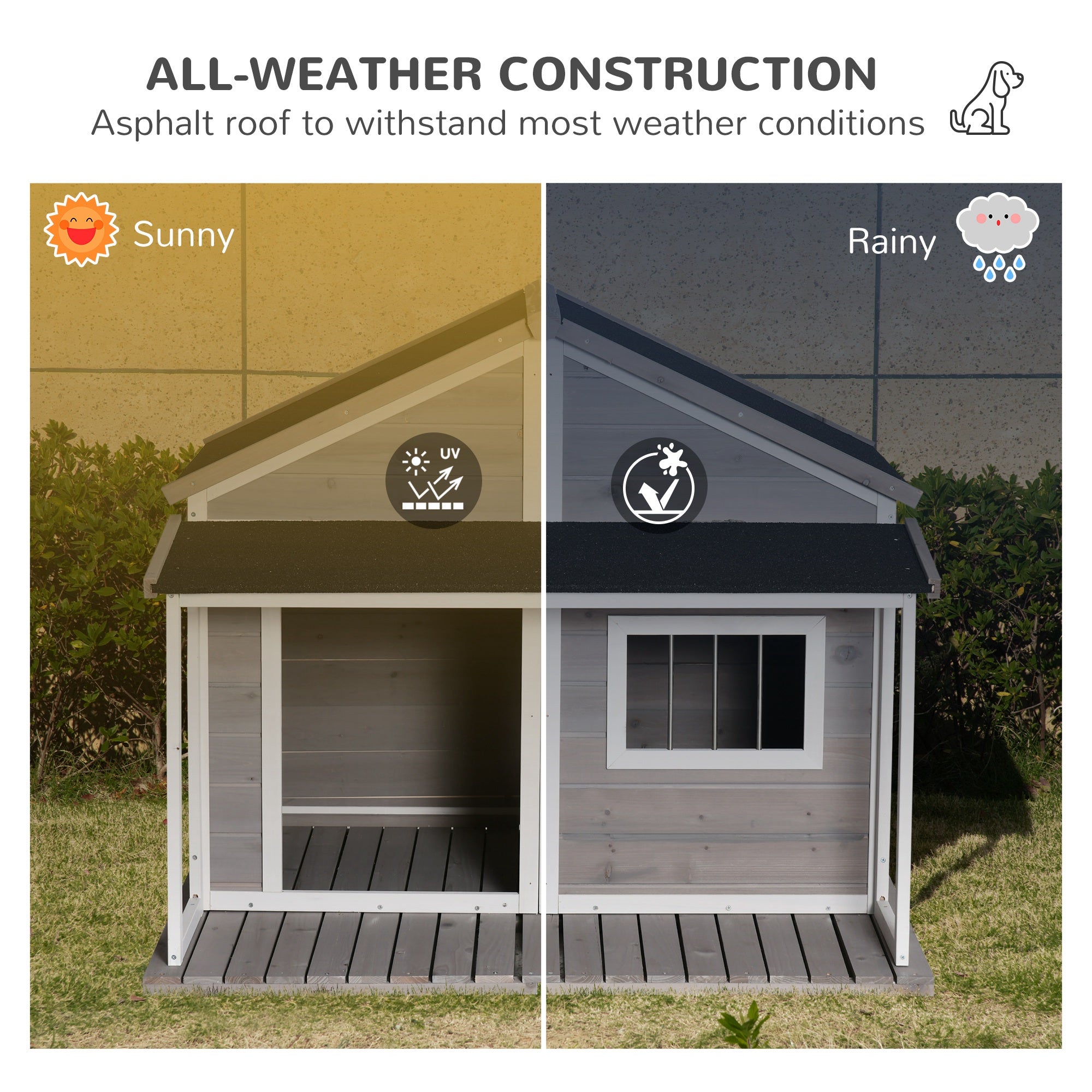PawHut Outdoor Dog House Cabin Style, Wooden Raised Pet Kennel with Asphalt Roof, Front Door, Side Windows, Deck for Medium/Large Dogs, 53 Lbs., Grey